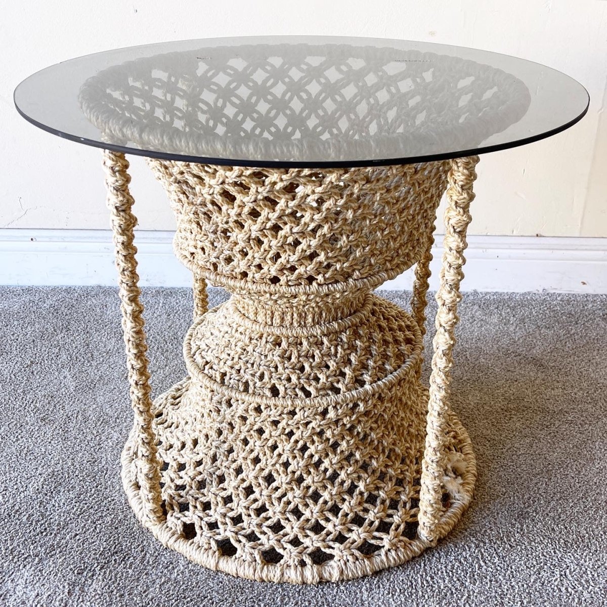 Beige Hand Woven Macrame Hourglass Glass Top Side Table - Dolphin & Flamingo