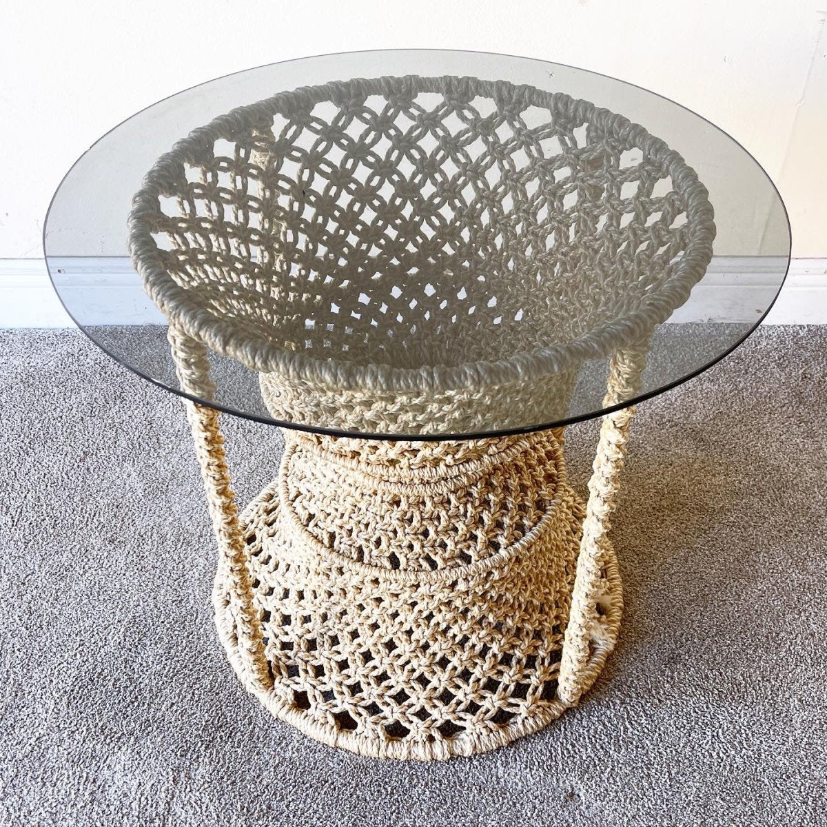 Beige Hand Woven Macrame Hourglass Glass Top Side Table - Dolphin & Flamingo