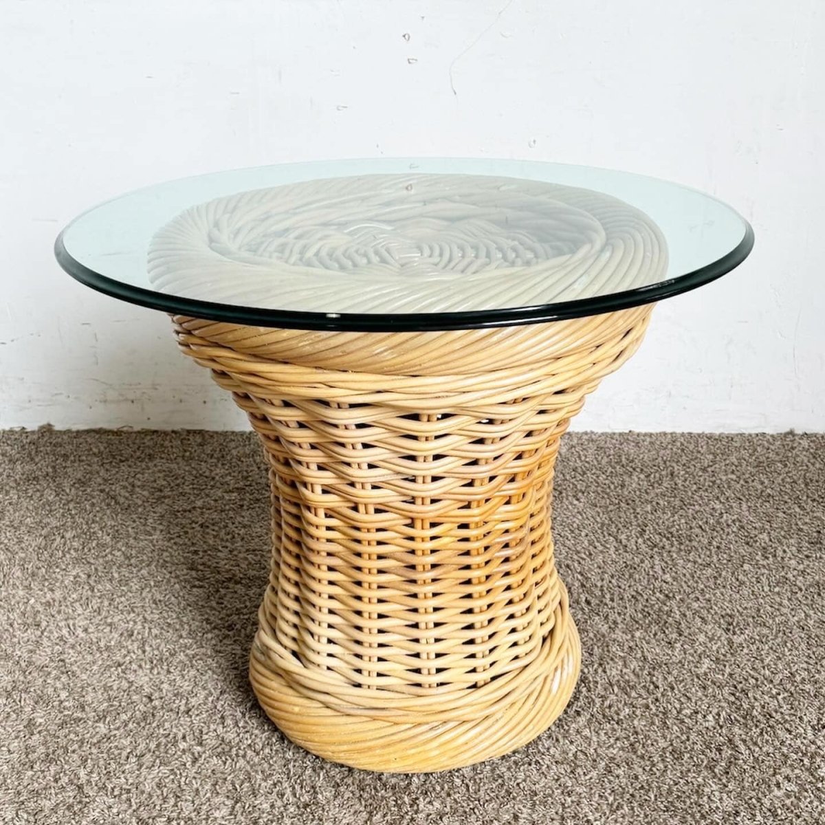 Boho Chic Bamboo Pencil Reed Wicker Glass Top Side Table - Dolphin & Flamingo