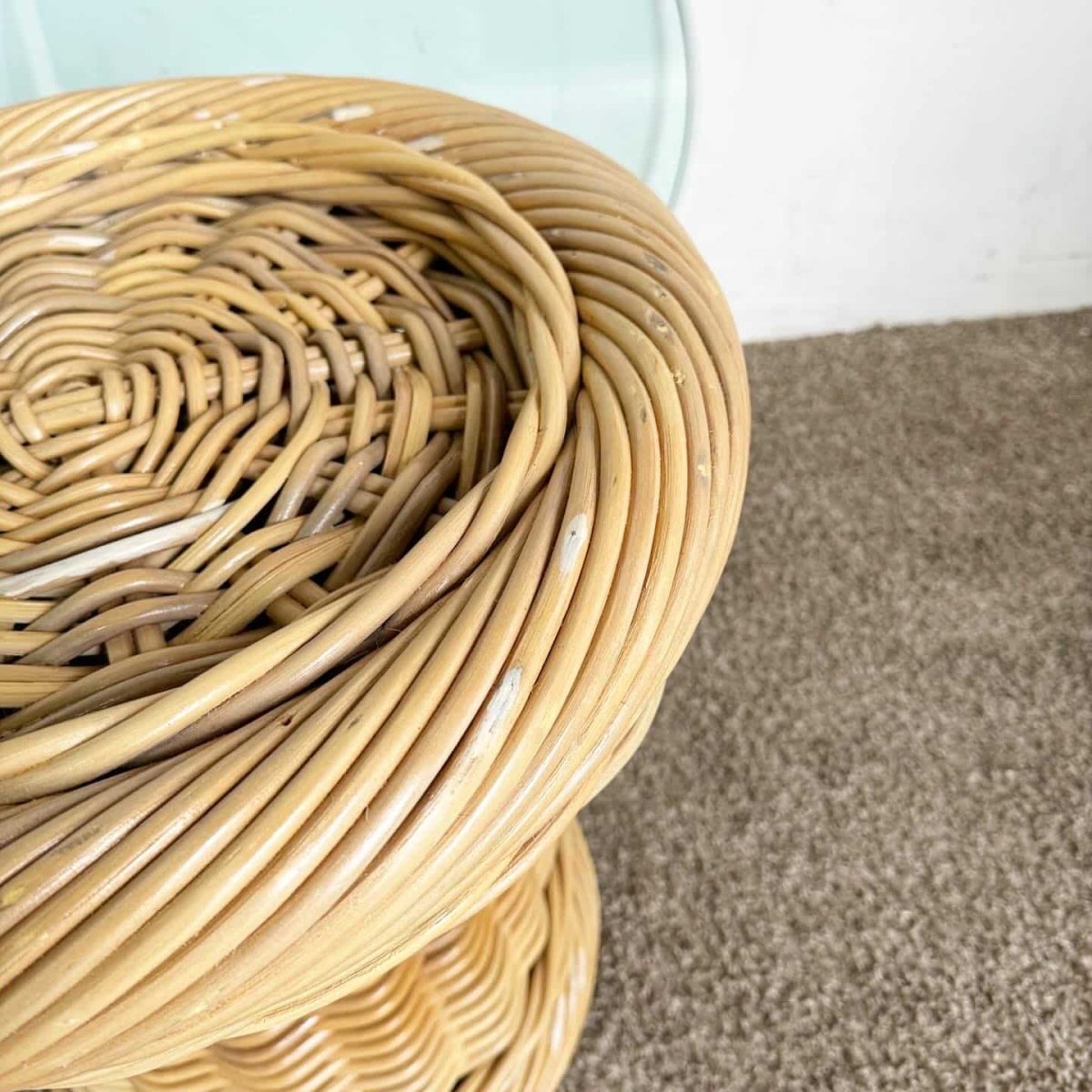 Boho Chic Bamboo Pencil Reed Wicker Glass Top Side Table - Dolphin & Flamingo