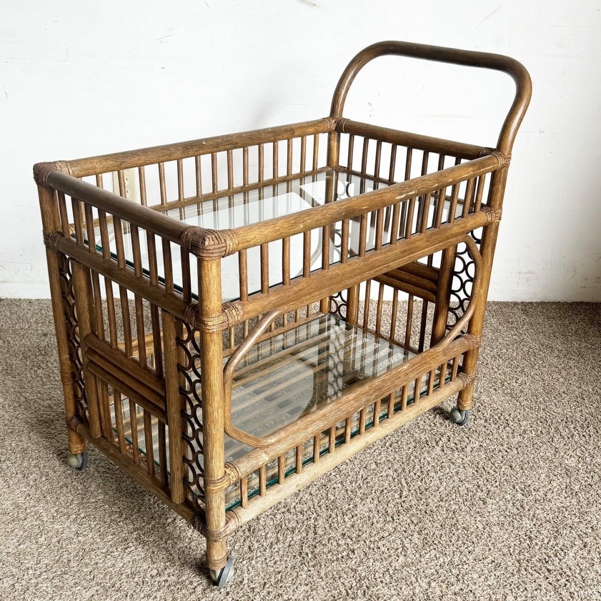 Boho Chic Bamboo Rattan and Glass Two - Tier Bar Cart - Dolphin & Flamingo