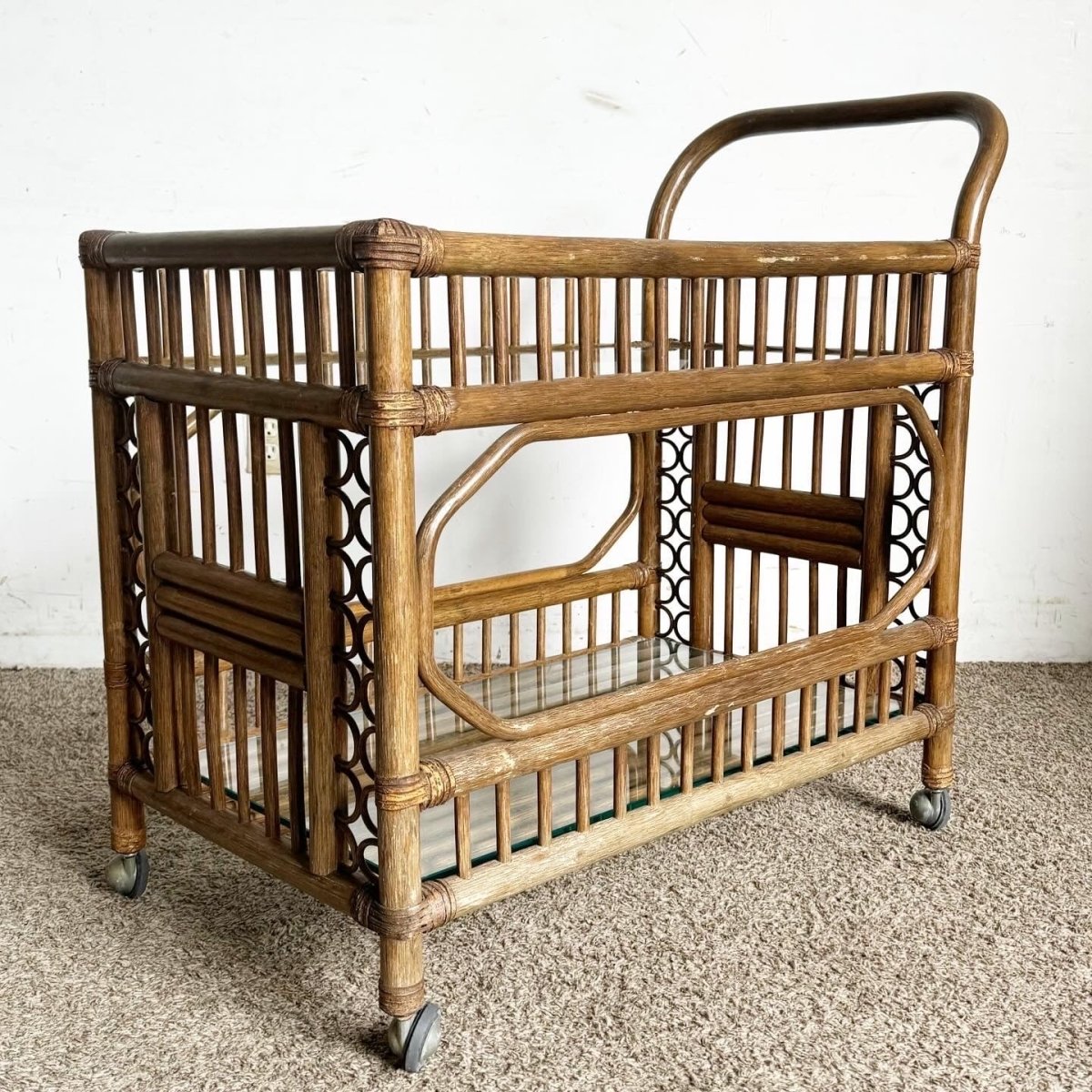 Boho Chic Bamboo Rattan and Glass Two - Tier Bar Cart - Dolphin & Flamingo