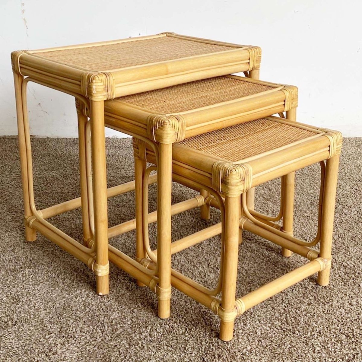 Boho Chic Bamboo Rattan and Wicker Nesting Tables - Set of 3 - Dolphin & Flamingo