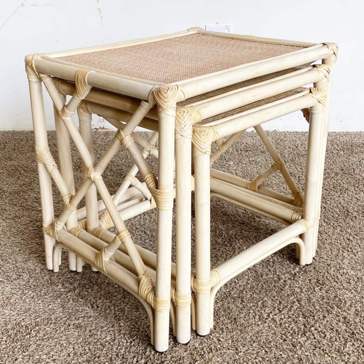 Boho Chic Bamboo Rattan Chippendale Style Nesting Tables - Set of 3 - Dolphin & Flamingo