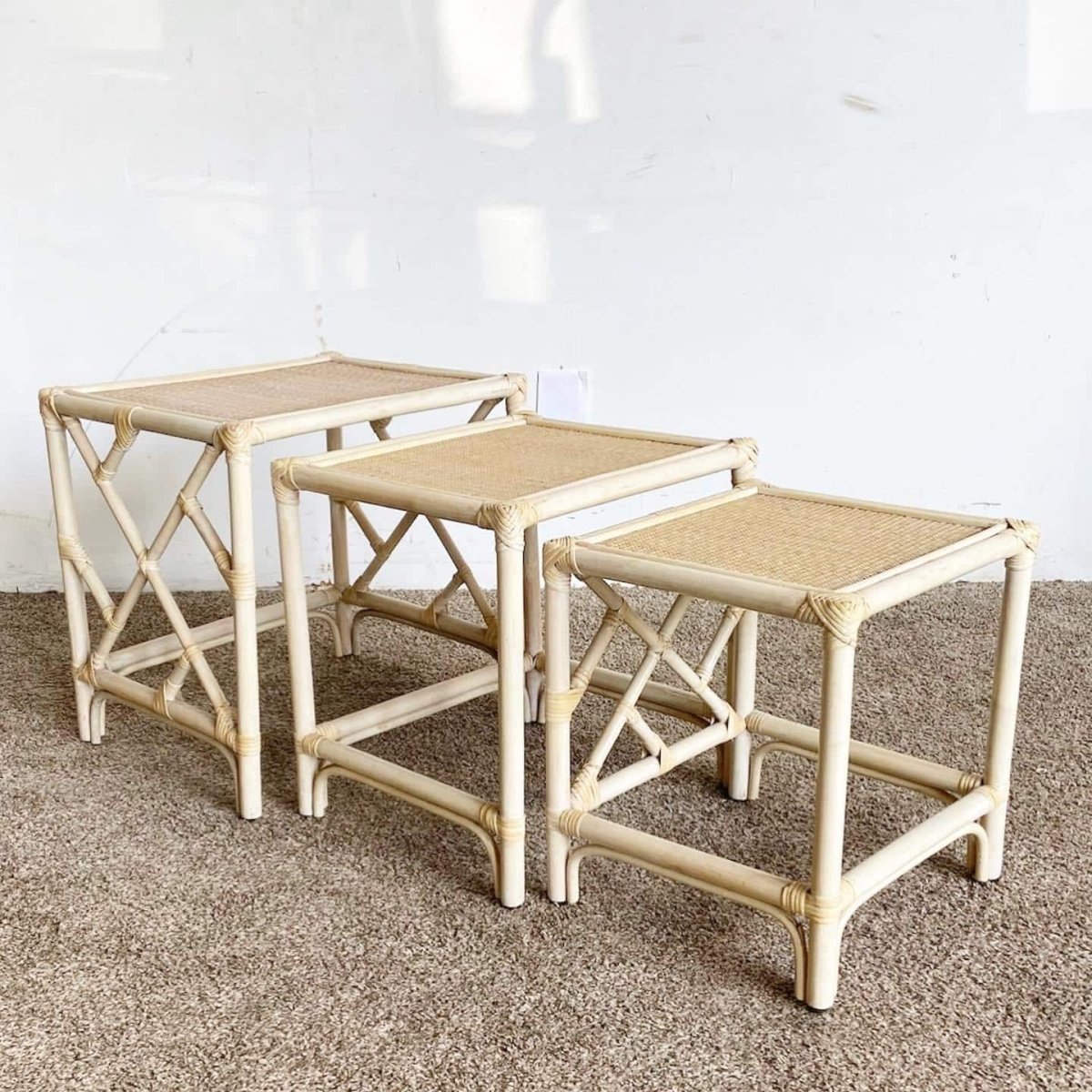 Boho Chic Bamboo Rattan Chippendale Style Nesting Tables - Set of 3 - Dolphin & Flamingo