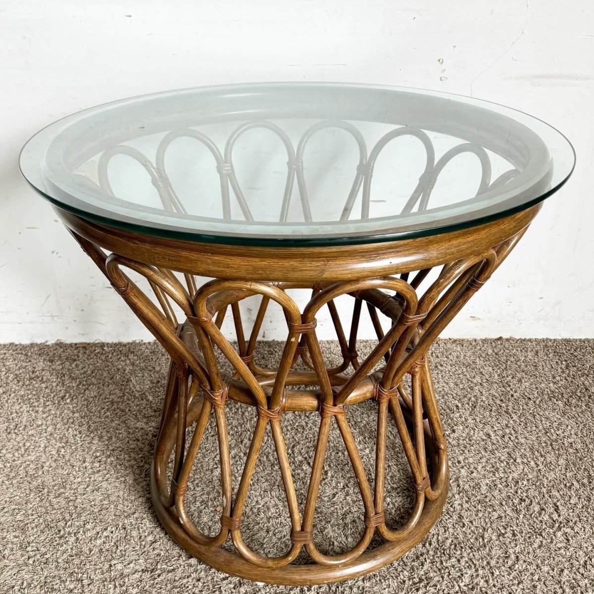 Boho Chic Bamboo Rattan Circular Beveled Glass Top Side Table - Dolphin & Flamingo