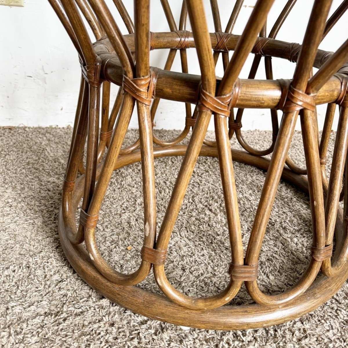 Boho Chic Bamboo Rattan Circular Beveled Glass Top Side Table - Dolphin & Flamingo