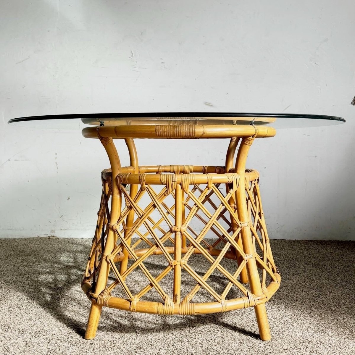 Boho Chic Bamboo Rattan Circular Glass Top Dining Table by Ficks Reed - Dolphin & Flamingo