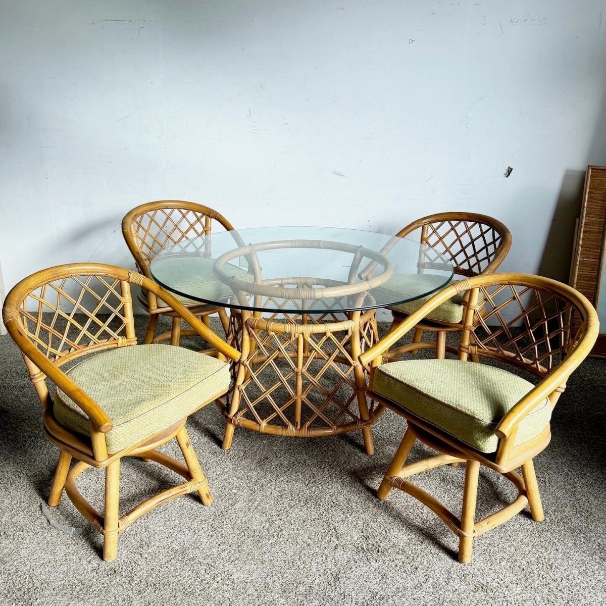 Boho Chic Bamboo Rattan Circular Glass Top Dining Table by Ficks Reed - Dolphin & Flamingo