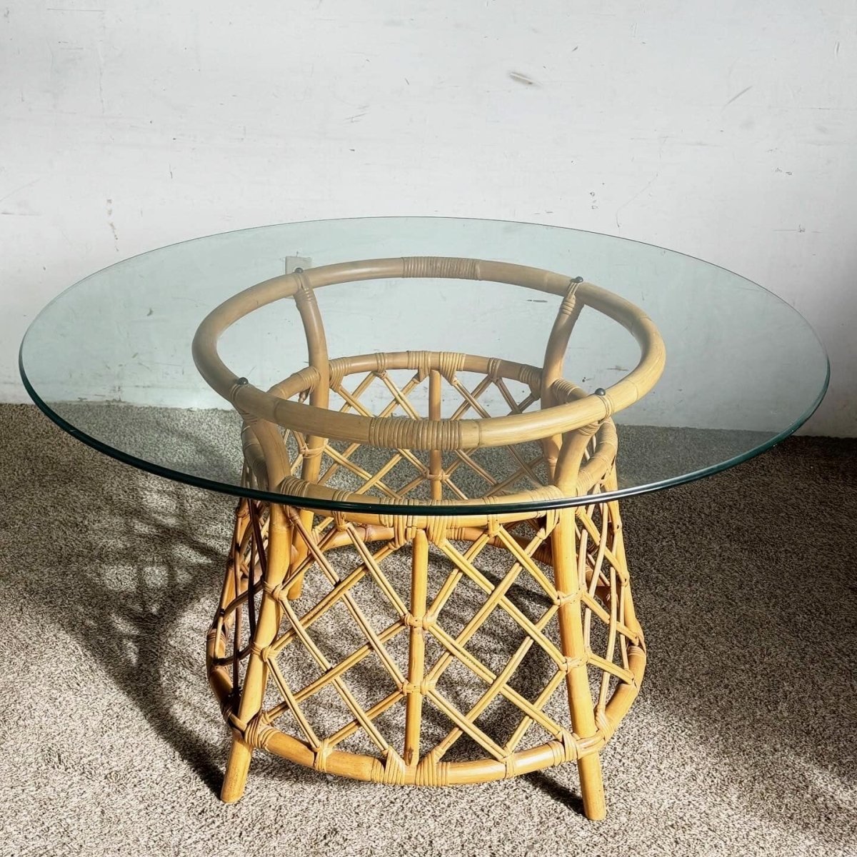 Boho Chic Bamboo Rattan Circular Glass Top Dining Table by Ficks Reed - Dolphin & Flamingo