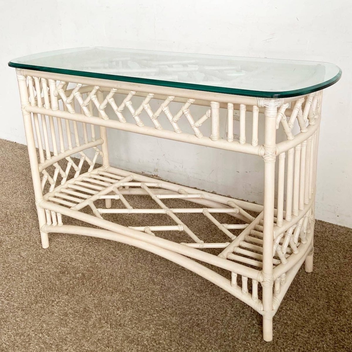 Boho Chic Bamboo Rattan Glass Top Console Tables by Ficks Reed - Dolphin & Flamingo