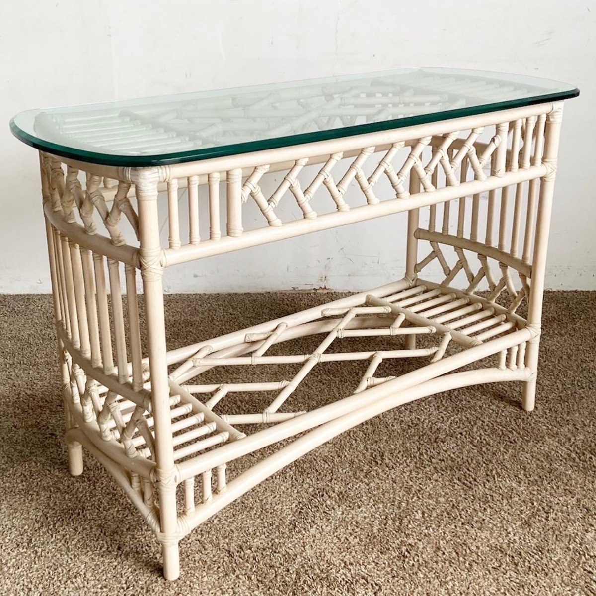Boho Chic Bamboo Rattan Glass Top Console Tables by Ficks Reed - Dolphin & Flamingo