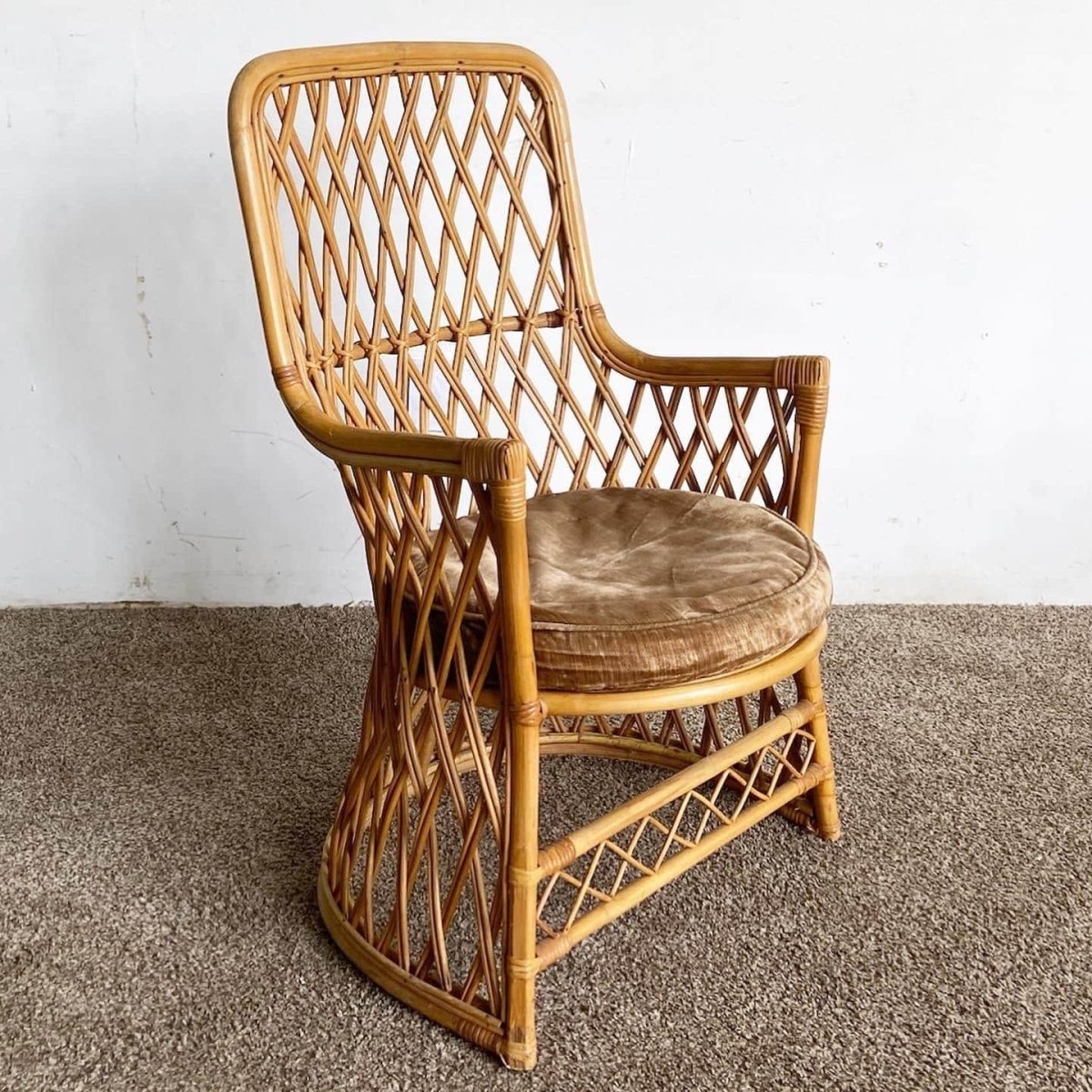Boho Chic Bamboo Rattan Side Chair With Circular Brown Seat Cushion - Dolphin & Flamingo