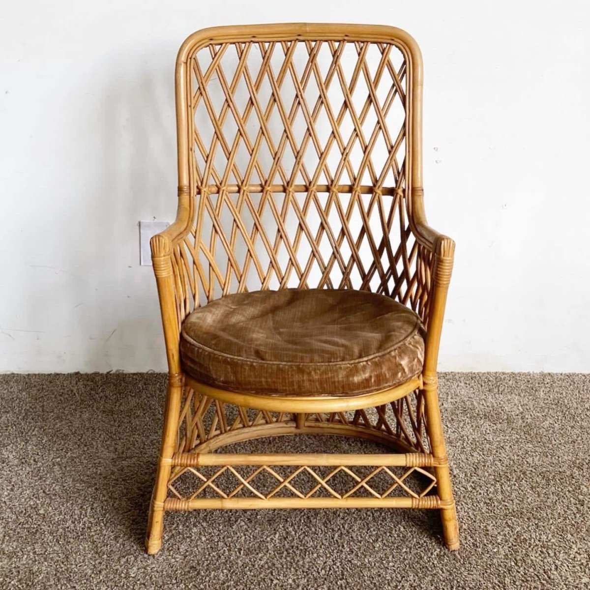 Boho Chic Bamboo Rattan Side Chair With Circular Brown Seat Cushion - Dolphin & Flamingo