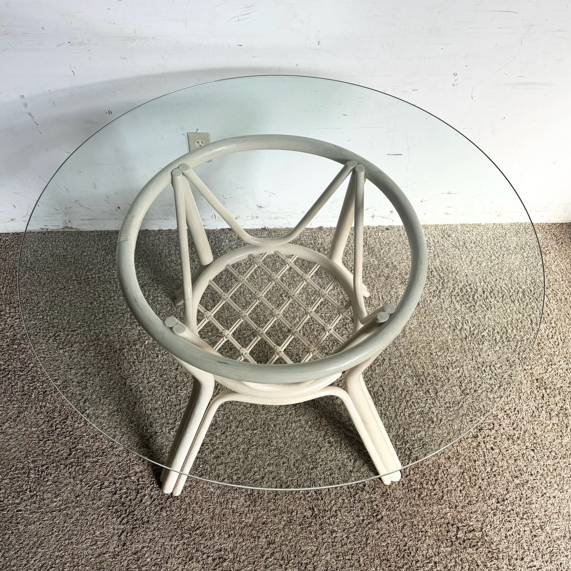 Boho Chic Beige Rattan Circular Glass Top Dining Table - Dolphin & Flamingo