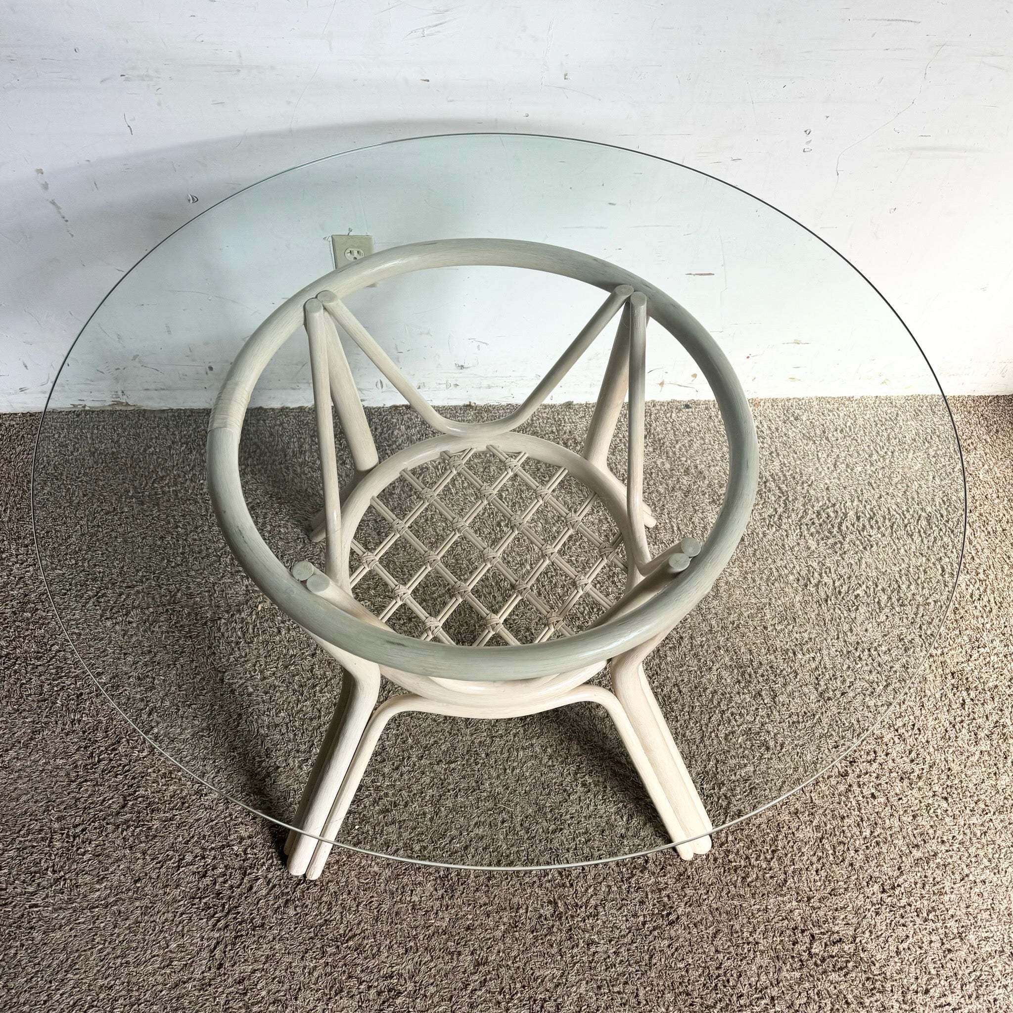 Boho Chic Beige Rattan Circular Glass Top Dining Table - Dolphin & Flamingo