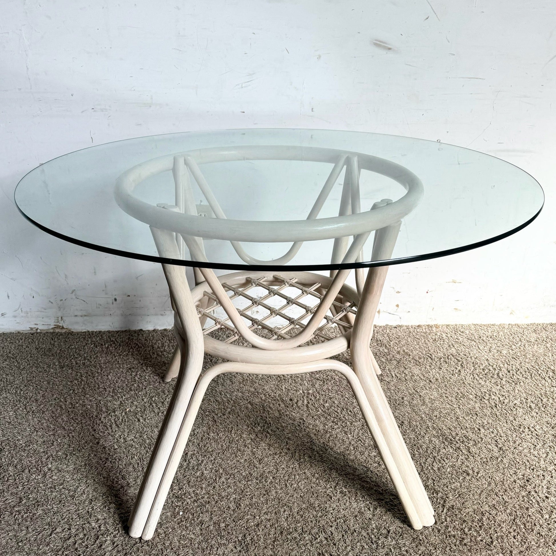 Boho Chic Beige Rattan Circular Glass Top Dining Table - Dolphin & Flamingo