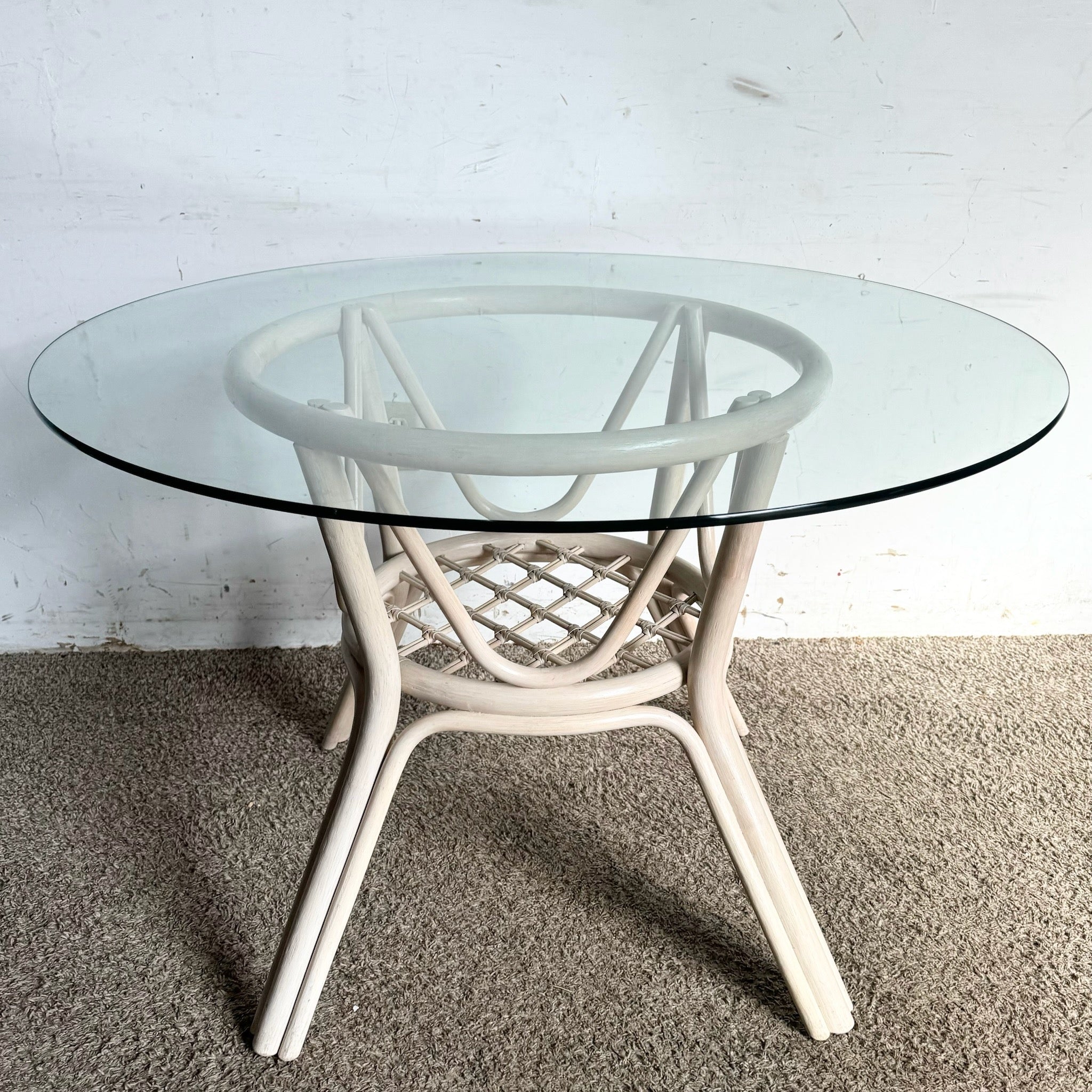 Boho Chic Beige Rattan Circular Glass Top Dining Table - Dolphin & Flamingo