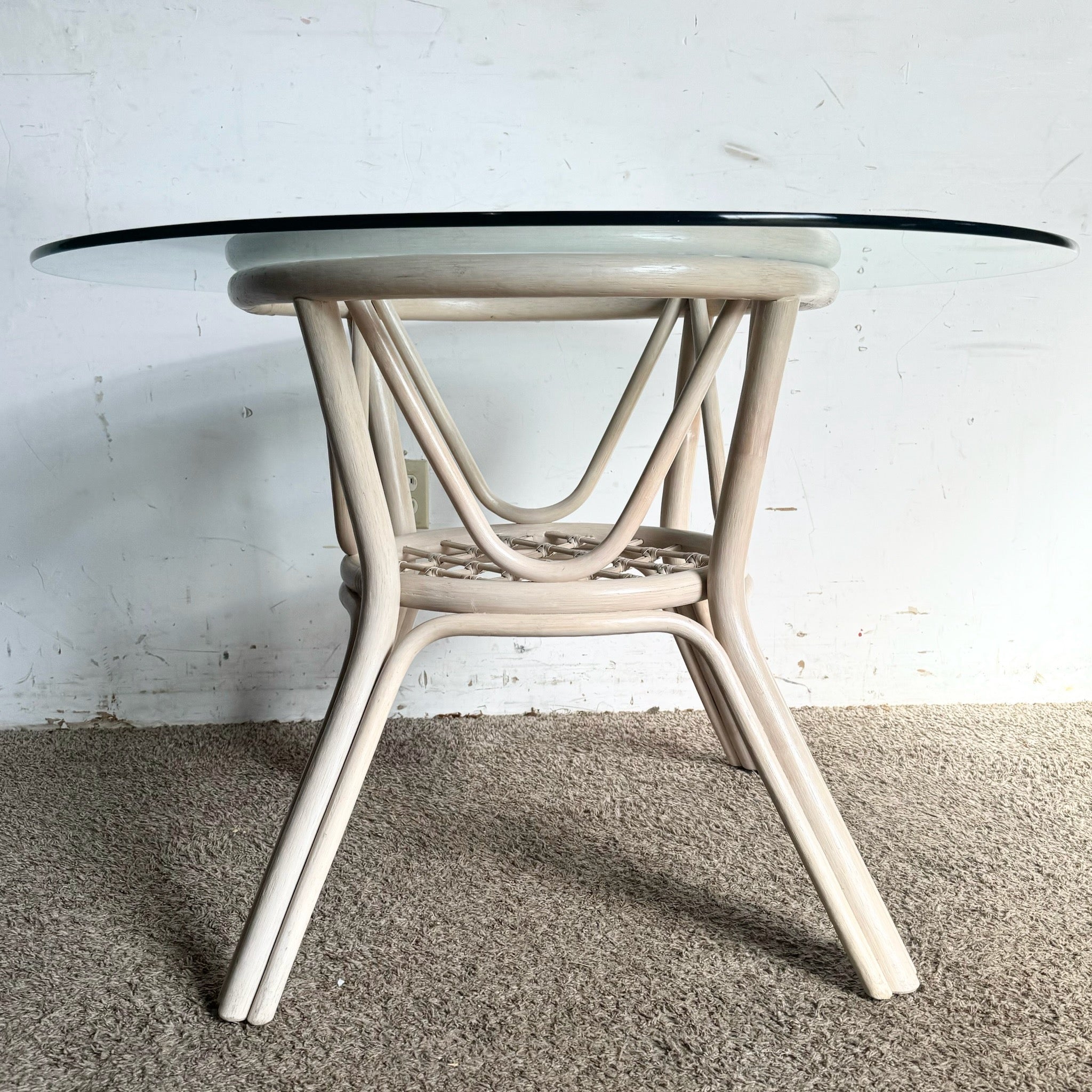 Boho Chic Beige Rattan Circular Glass Top Dining Table - Dolphin & Flamingo