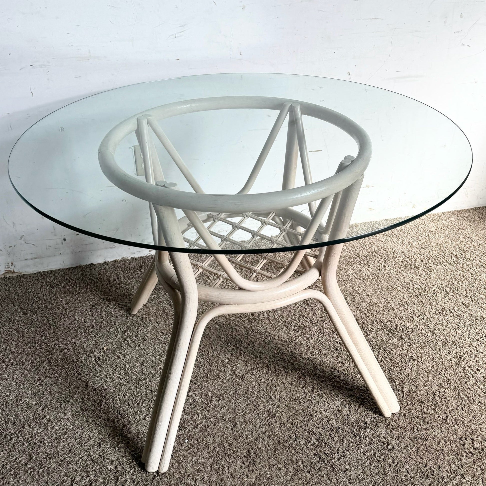 Boho Chic Beige Rattan Circular Glass Top Dining Table - Dolphin & Flamingo
