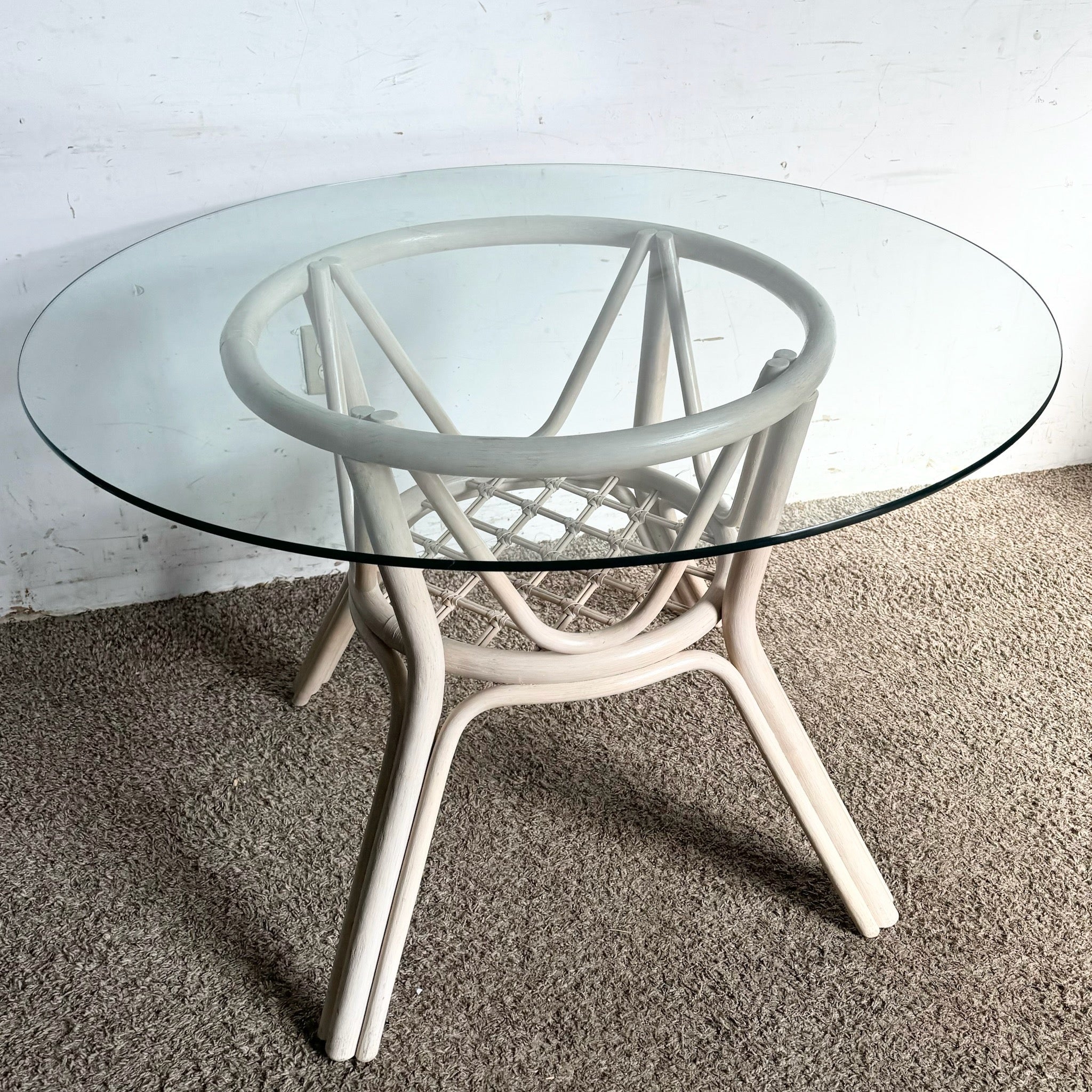 Boho Chic Beige Rattan Circular Glass Top Dining Table - Dolphin & Flamingo