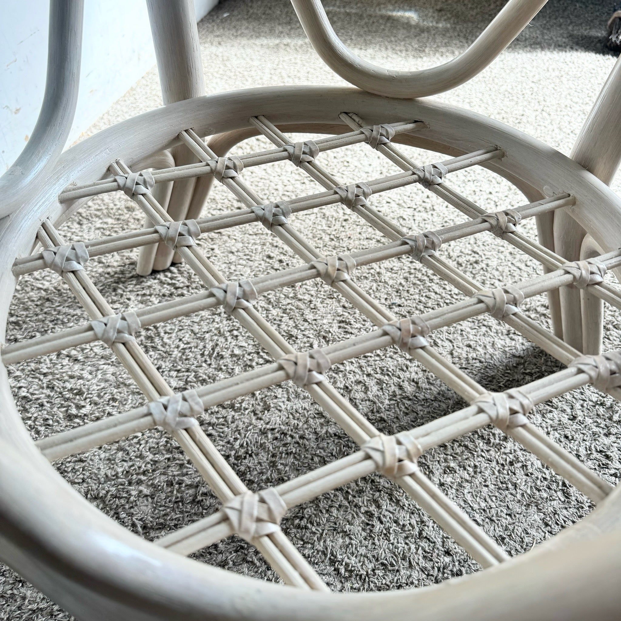 Boho Chic Beige Rattan Circular Glass Top Dining Table - Dolphin & Flamingo