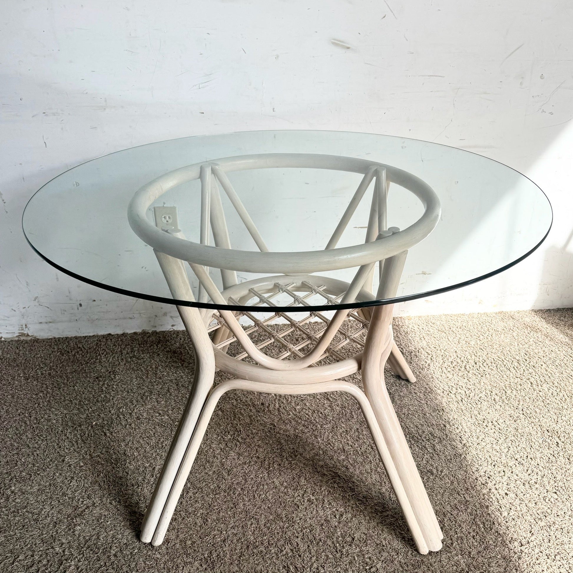 Boho Chic Beige Rattan Circular Glass Top Dining Table - Dolphin & Flamingo
