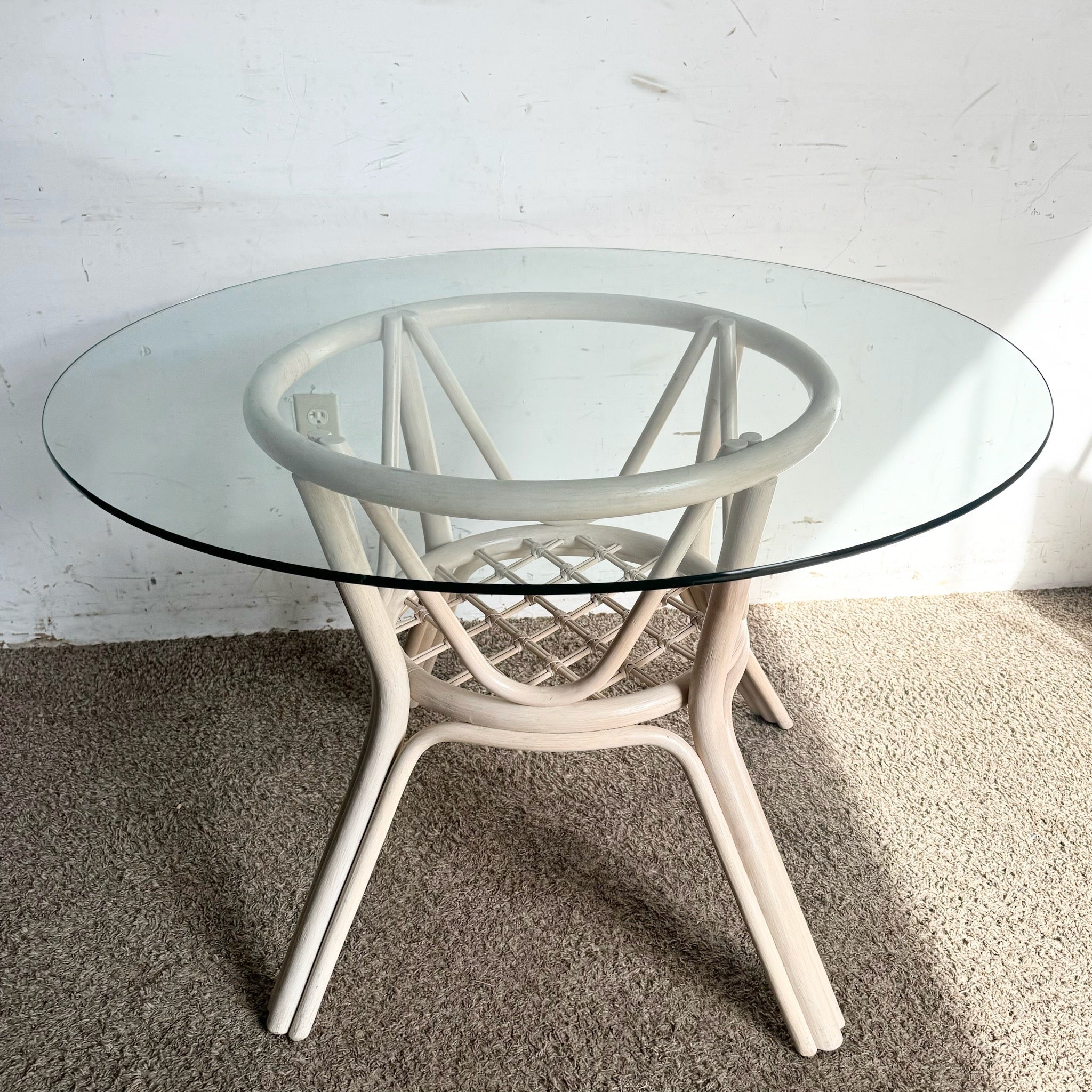Boho Chic Beige Rattan Circular Glass Top Dining Table - Dolphin & Flamingo