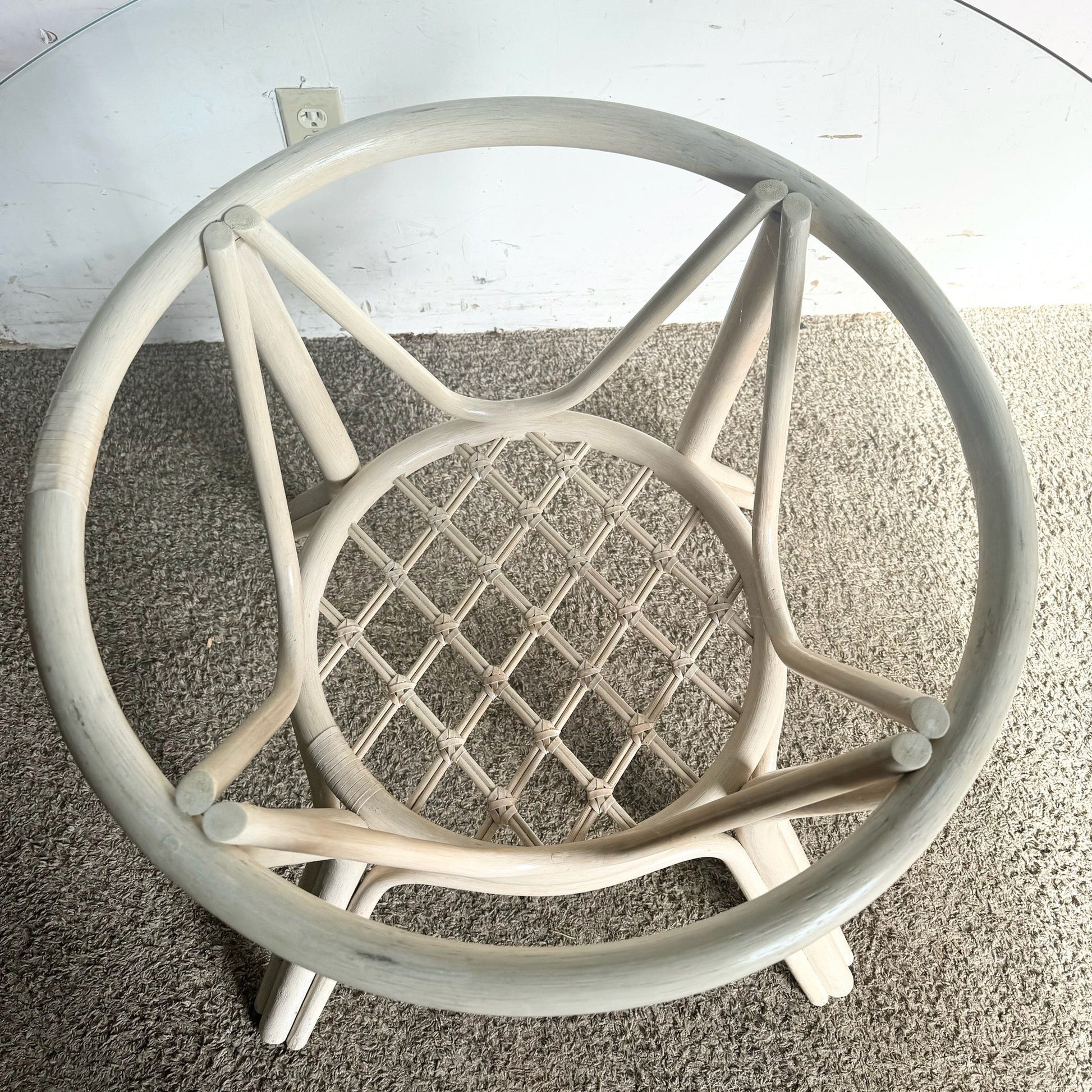 Boho Chic Beige Rattan Circular Glass Top Dining Table - Dolphin & Flamingo