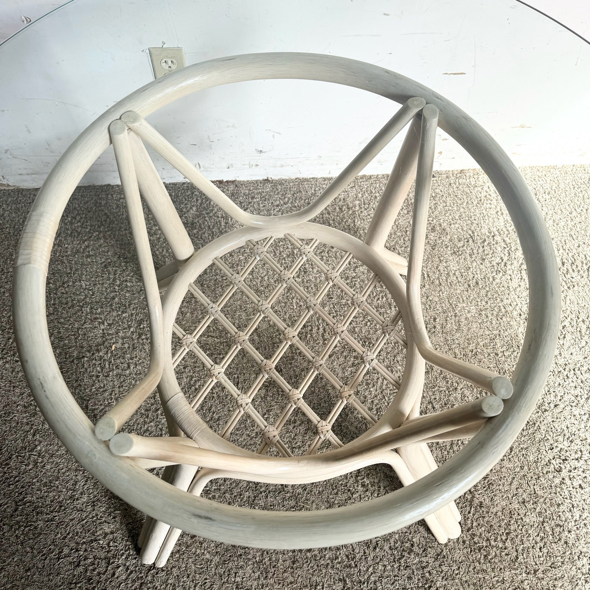 Boho Chic Beige Rattan Circular Glass Top Dining Table - Dolphin & Flamingo
