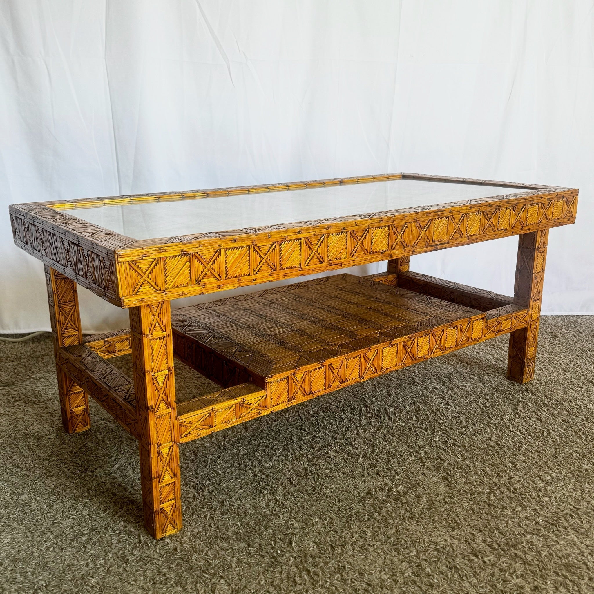 Boho Chic Burnt Match Stick Folk Art Coffee Table - Dolphin & Flamingo