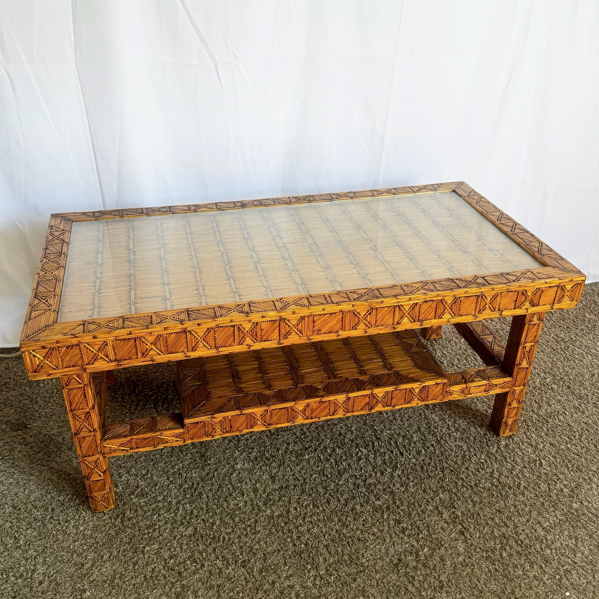 Boho Chic Burnt Match Stick Folk Art Coffee Table - Dolphin & Flamingo
