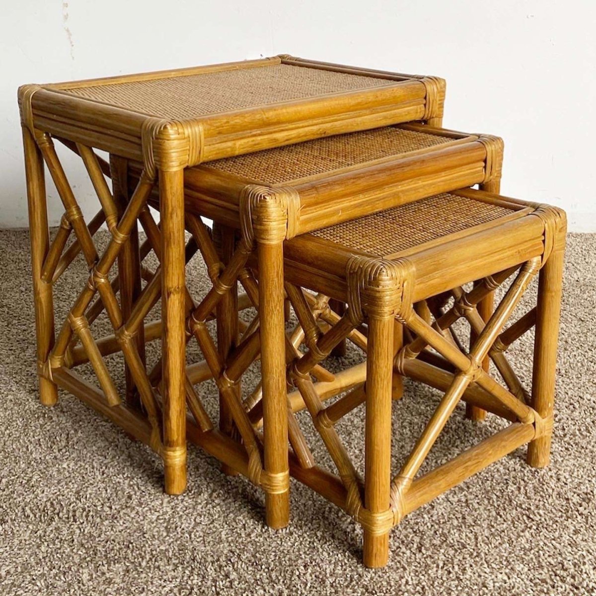 Boho Chic Chippendale Bamboo Rattan and Wicker Nesting Tables - Set of 3 - Dolphin & Flamingo