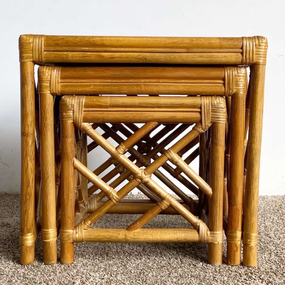 Boho Chic Chippendale Bamboo Rattan and Wicker Nesting Tables - Set of 3 - Dolphin & Flamingo