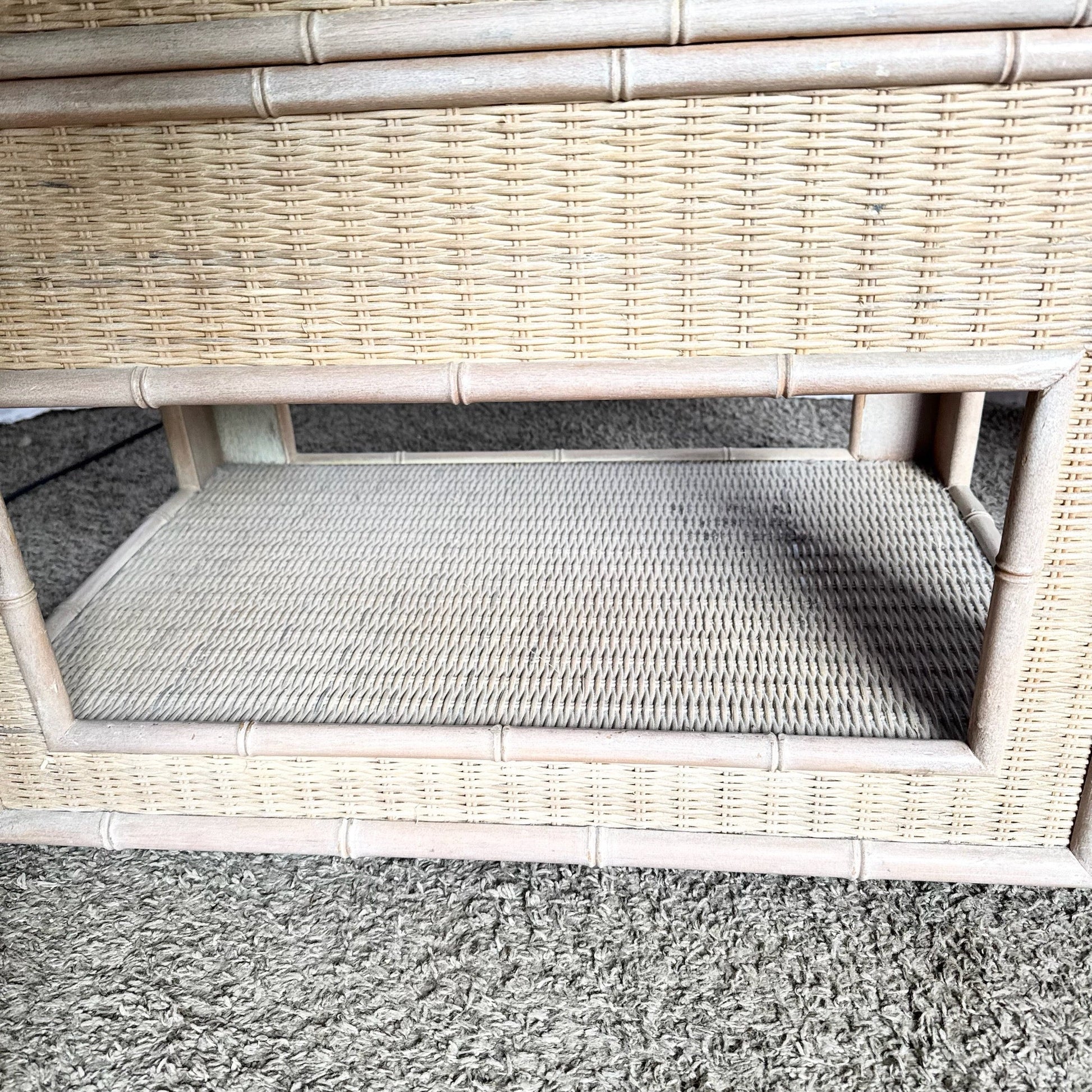 Boho Chic Coastal Faux Bamboo Wicker Glass Top Table on Casters and Nightstand - Set of 2 - Dolphin & Flamingo