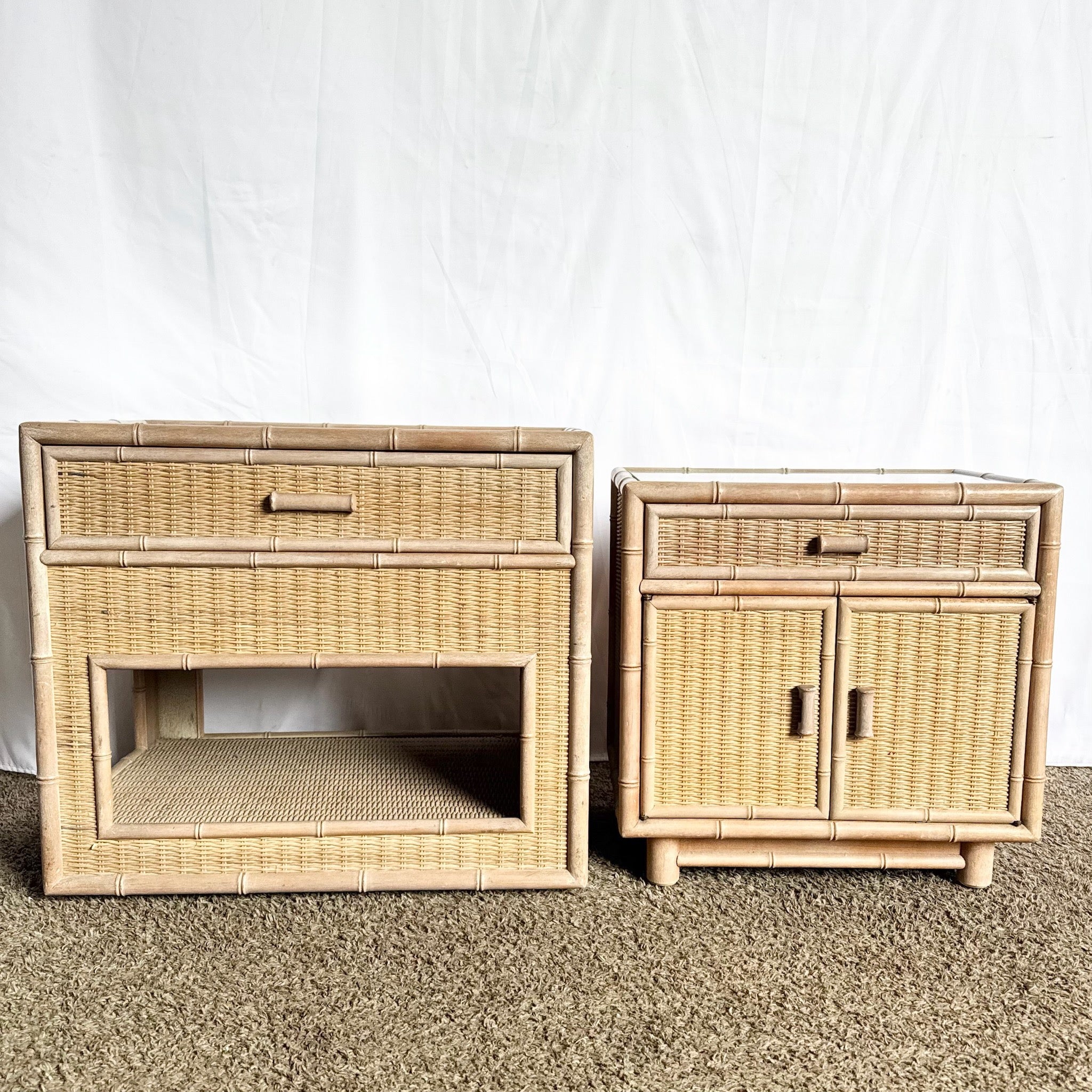 Boho Chic Coastal Faux Bamboo Wicker Glass Top Table on Casters and Nightstand - Set of 2 - Dolphin & Flamingo