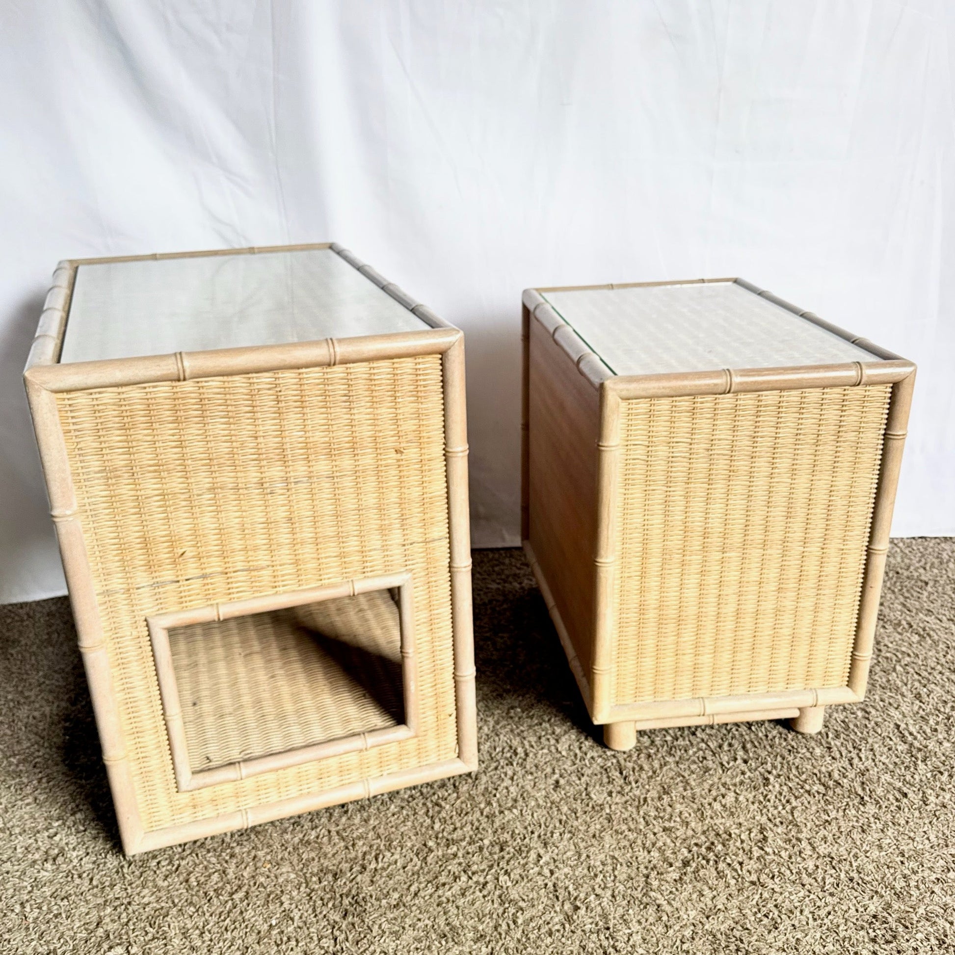 Boho Chic Coastal Faux Bamboo Wicker Glass Top Table on Casters and Nightstand - Set of 2 - Dolphin & Flamingo