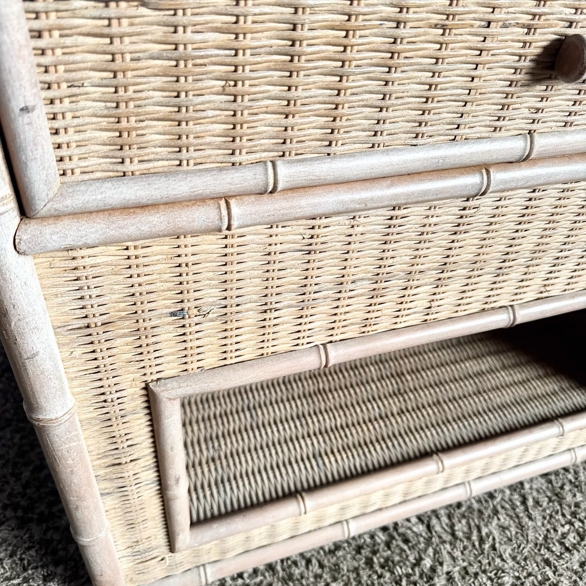 Boho Chic Coastal Faux Bamboo Wicker Glass Top Table on Casters and Nightstand - Set of 2 - Dolphin & Flamingo