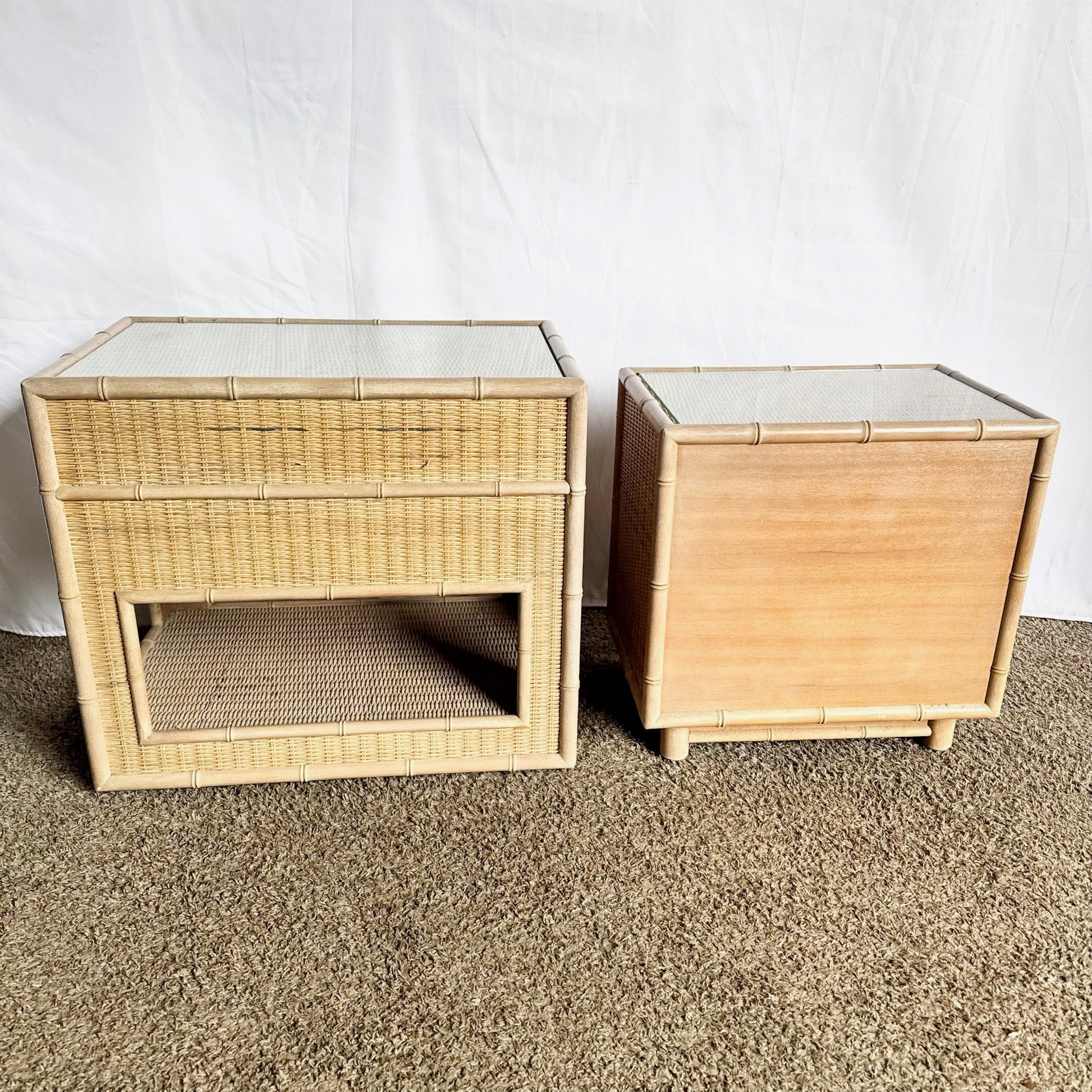 Boho Chic Coastal Faux Bamboo Wicker Glass Top Table on Casters and Nightstand - Set of 2 - Dolphin & Flamingo