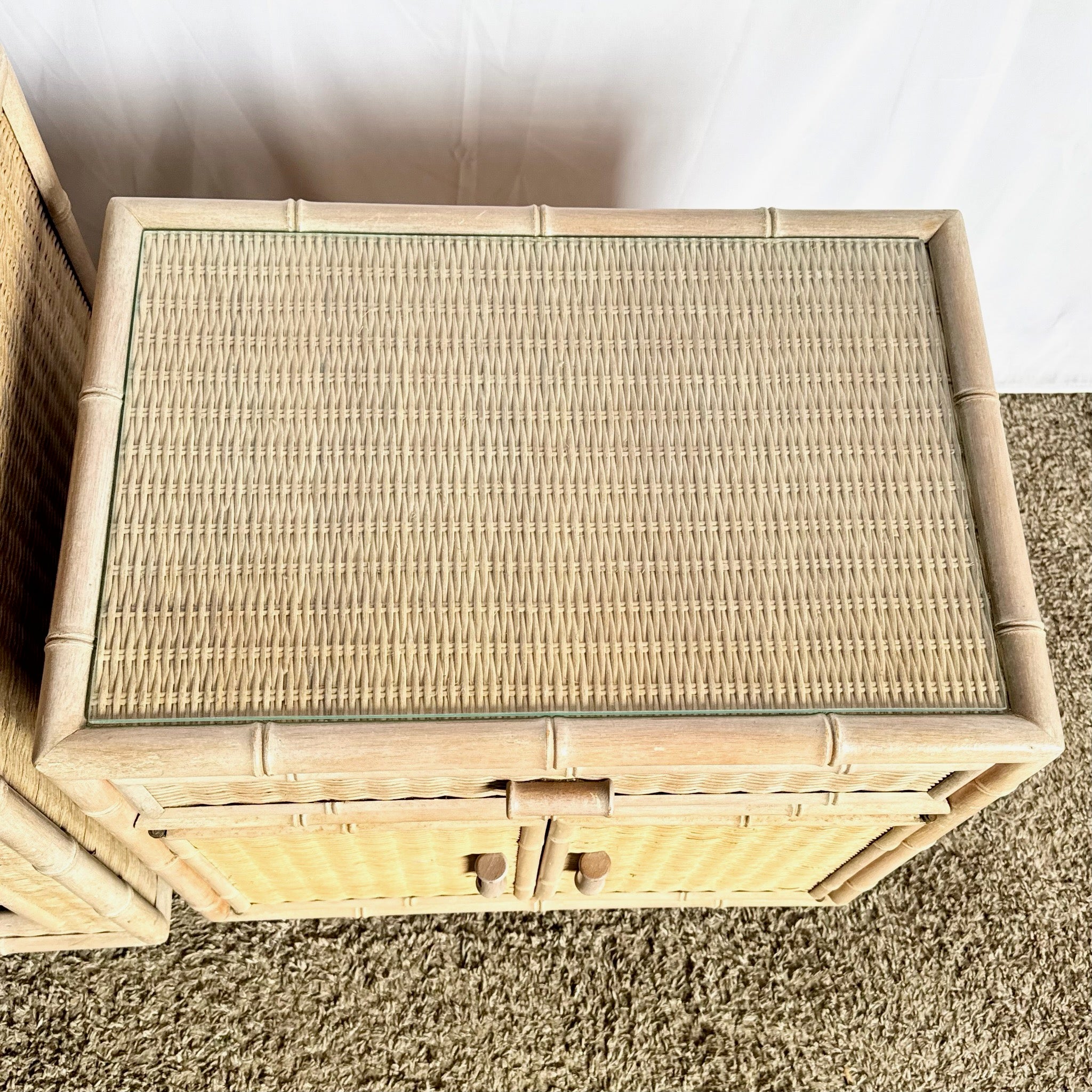Boho Chic Coastal Faux Bamboo Wicker Glass Top Table on Casters and Nightstand - Set of 2 - Dolphin & Flamingo