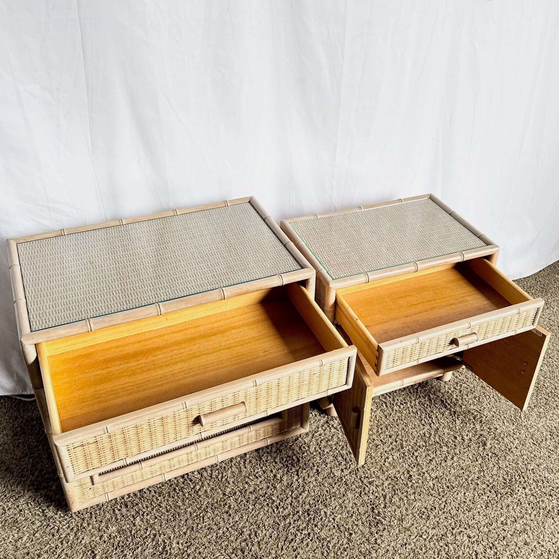 Boho Chic Coastal Faux Bamboo Wicker Glass Top Table on Casters and Nightstand - Set of 2 - Dolphin & Flamingo