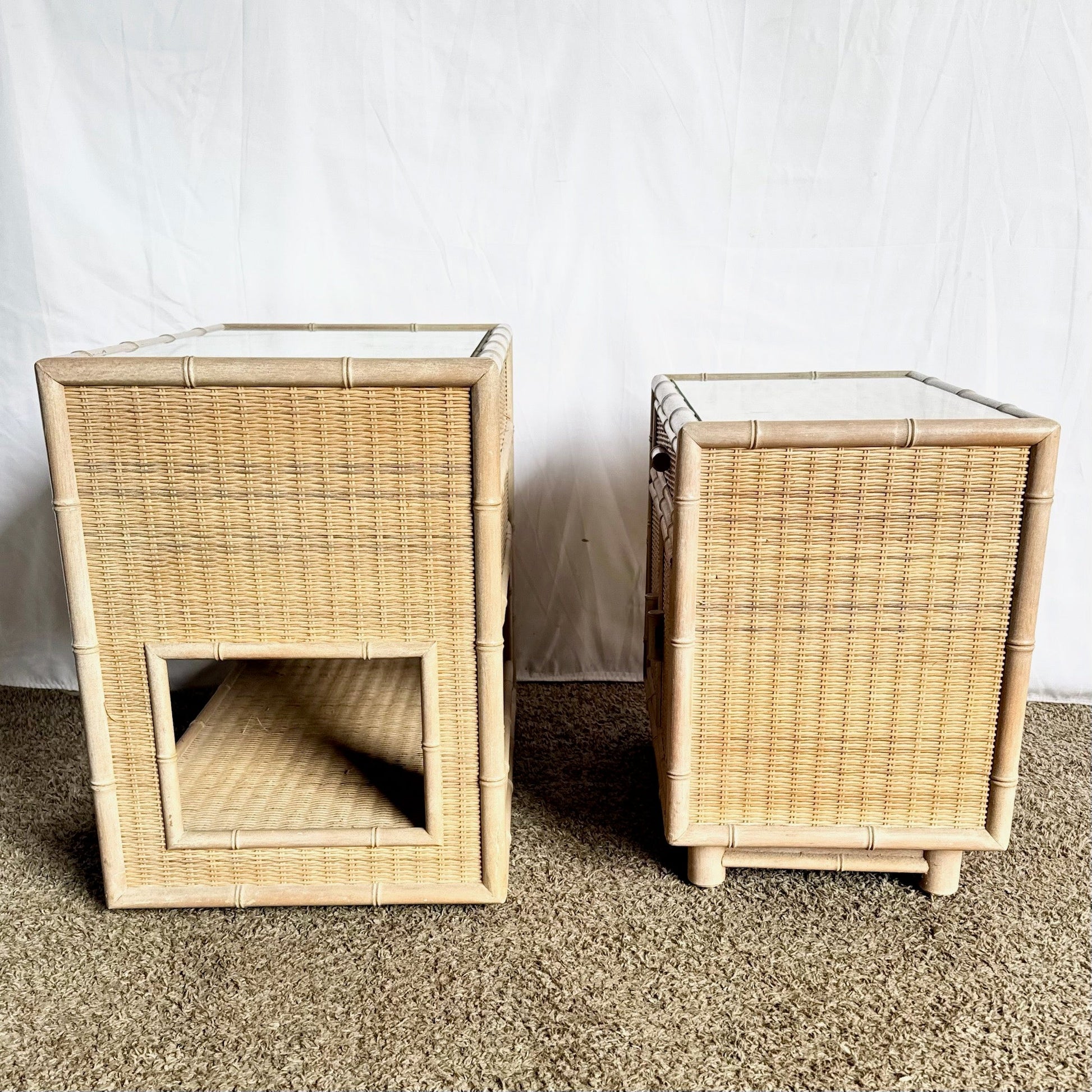 Boho Chic Coastal Faux Bamboo Wicker Glass Top Table on Casters and Nightstand - Set of 2 - Dolphin & Flamingo