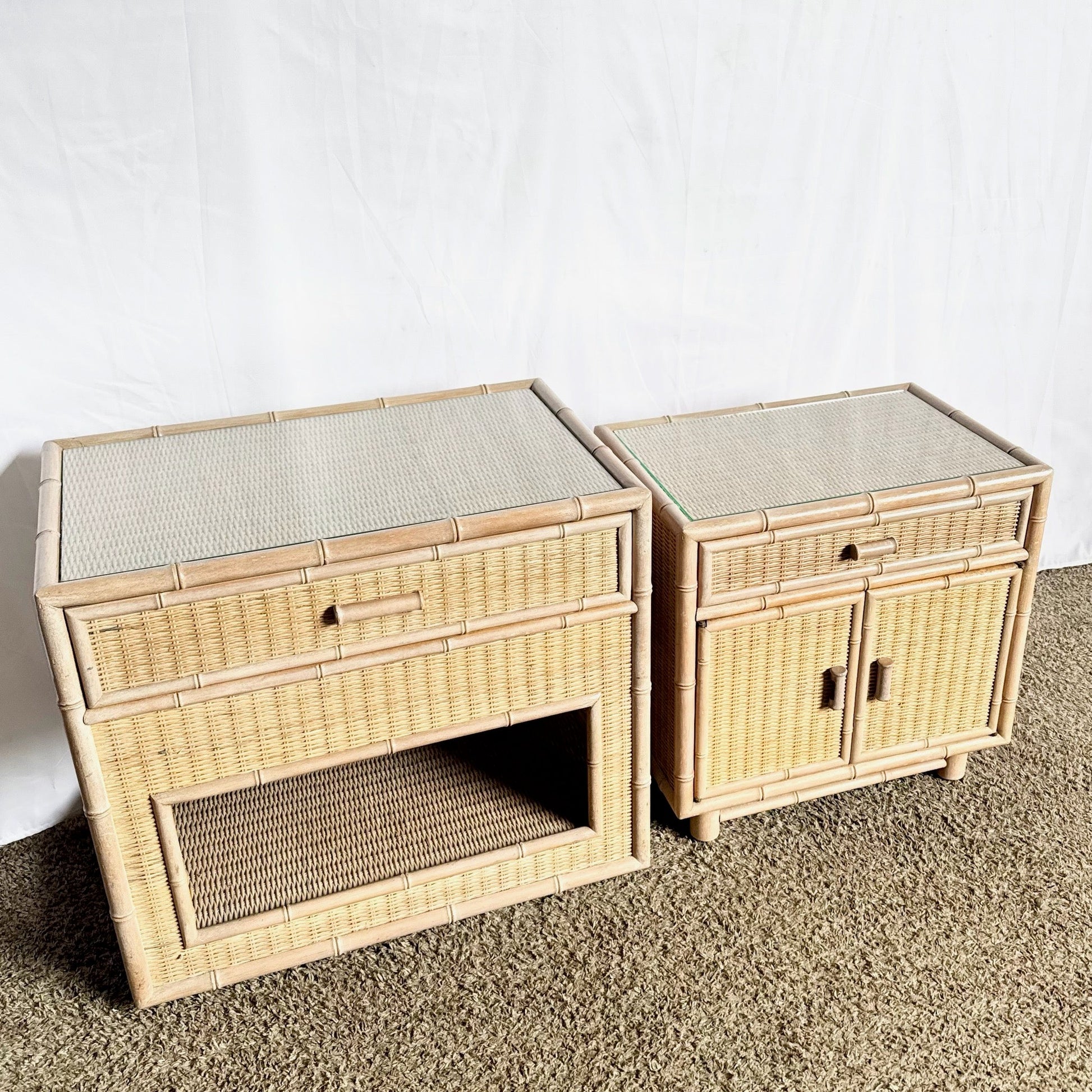 Boho Chic Coastal Faux Bamboo Wicker Glass Top Table on Casters and Nightstand - Set of 2 - Dolphin & Flamingo