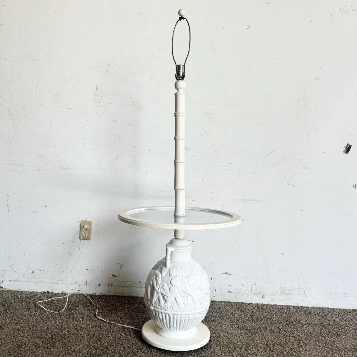 Boho Chic Elephant Ceramic Faux Bamboo Glass Floor Lamp/Side Table - Dolphin & Flamingo