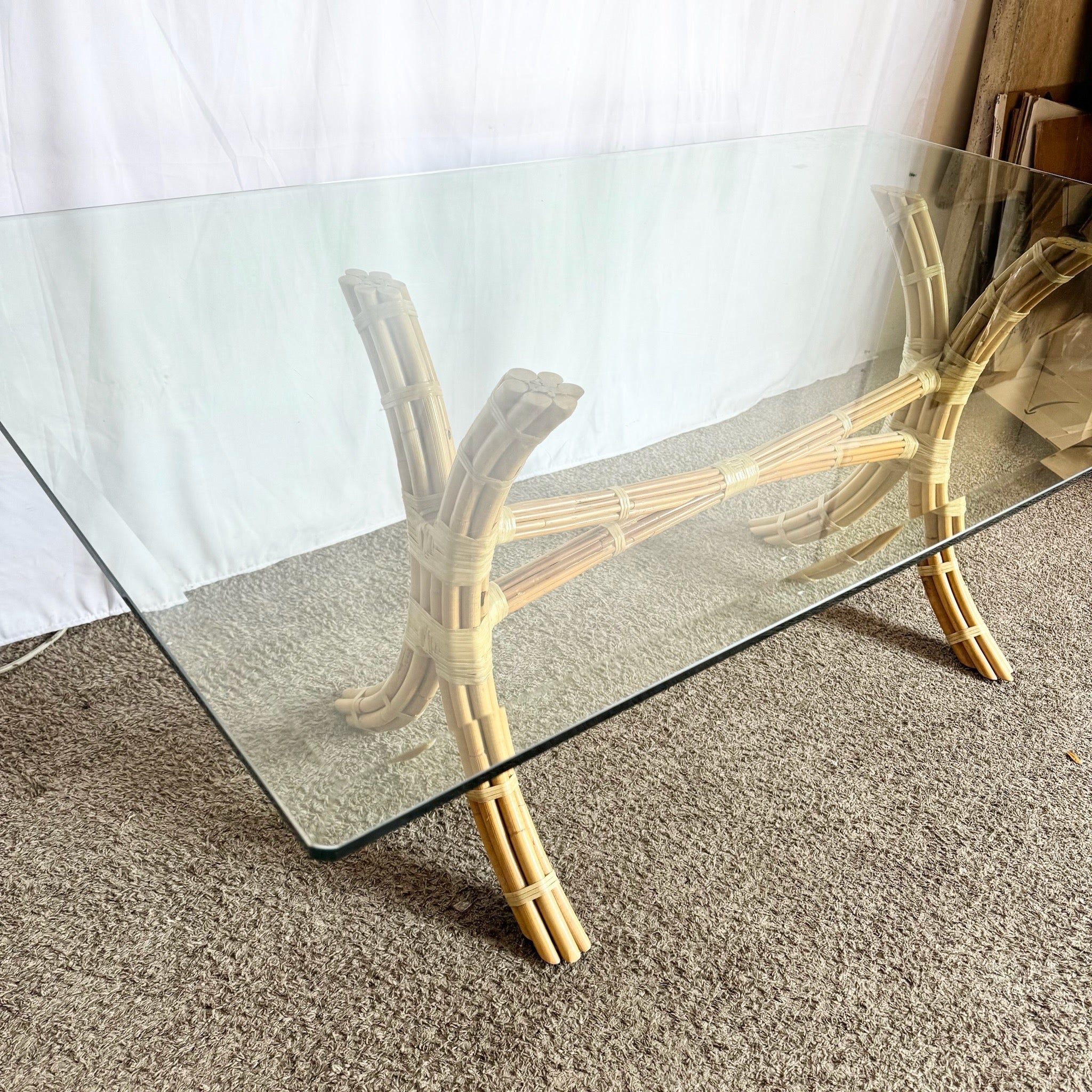 Boho Chic McGuire Style Rattan Glass Top Dining Table - Dolphin & Flamingo