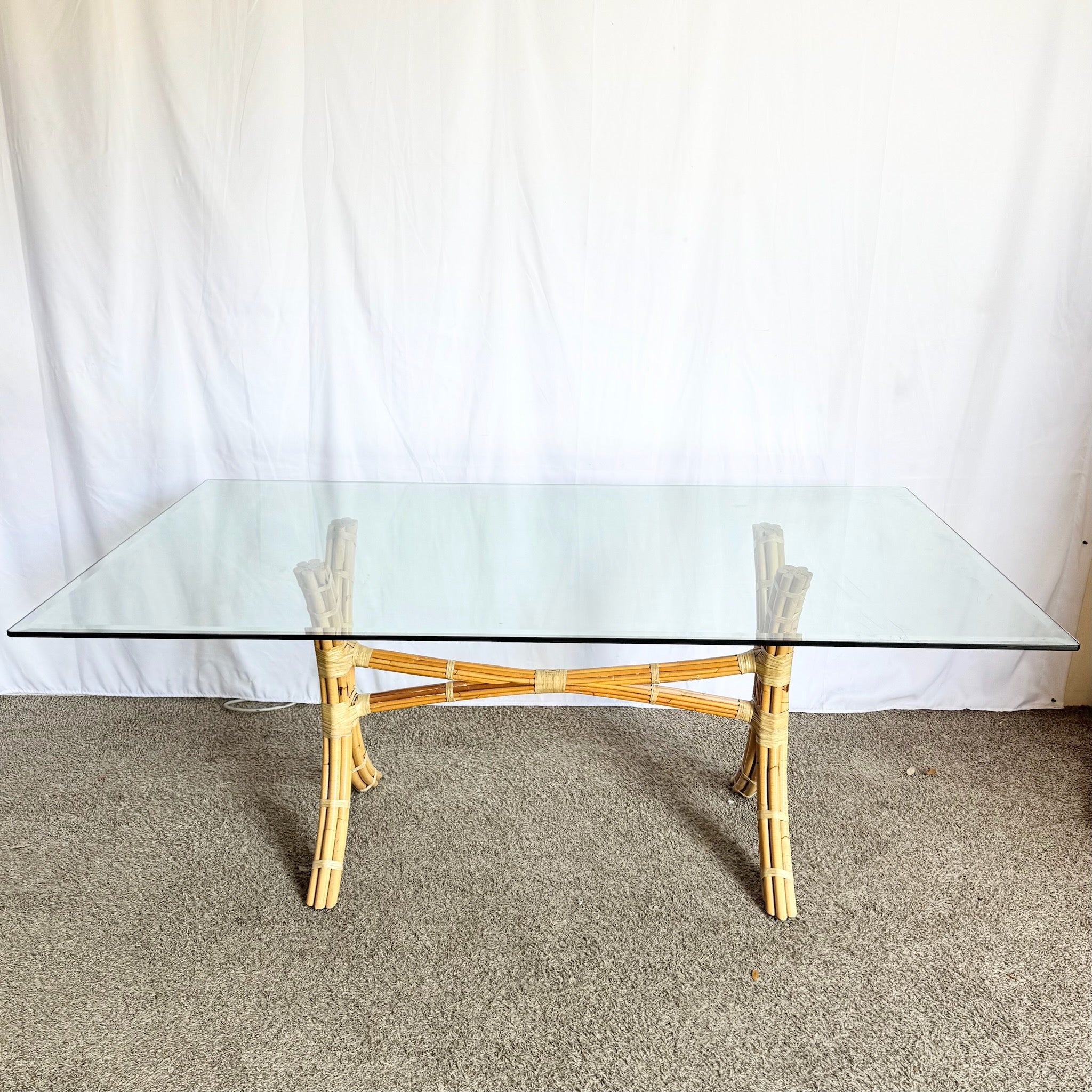 Boho Chic McGuire Style Rattan Glass Top Dining Table - Dolphin & Flamingo