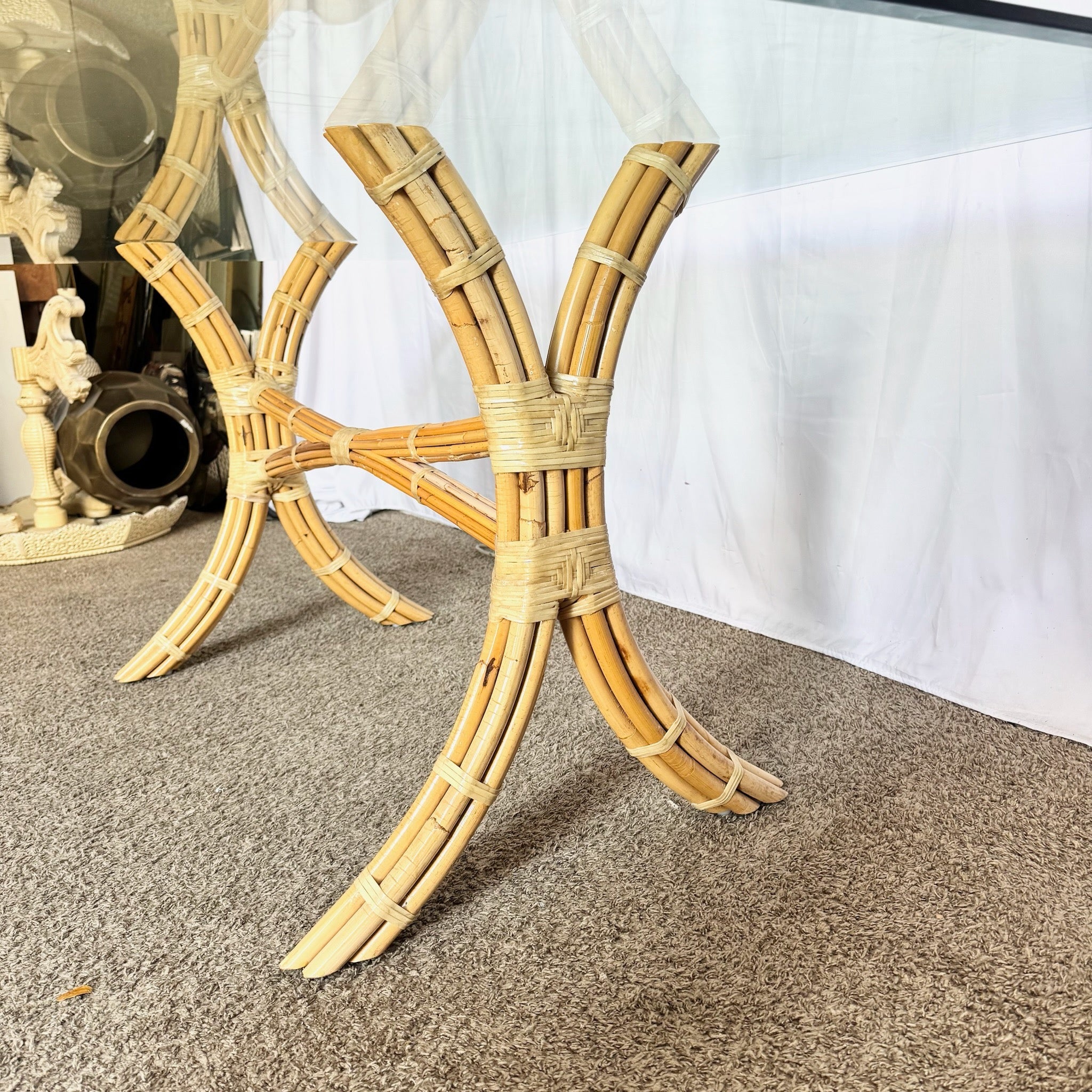 Boho Chic McGuire Style Rattan Glass Top Dining Table - Dolphin & Flamingo