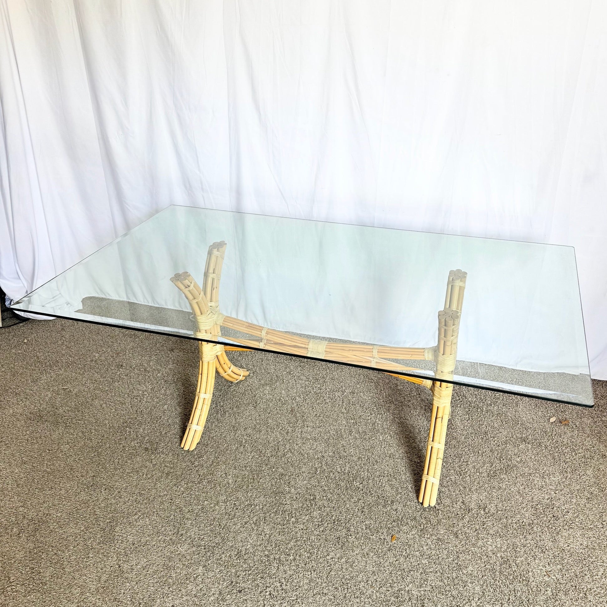 Boho Chic McGuire Style Rattan Glass Top Dining Table - Dolphin & Flamingo