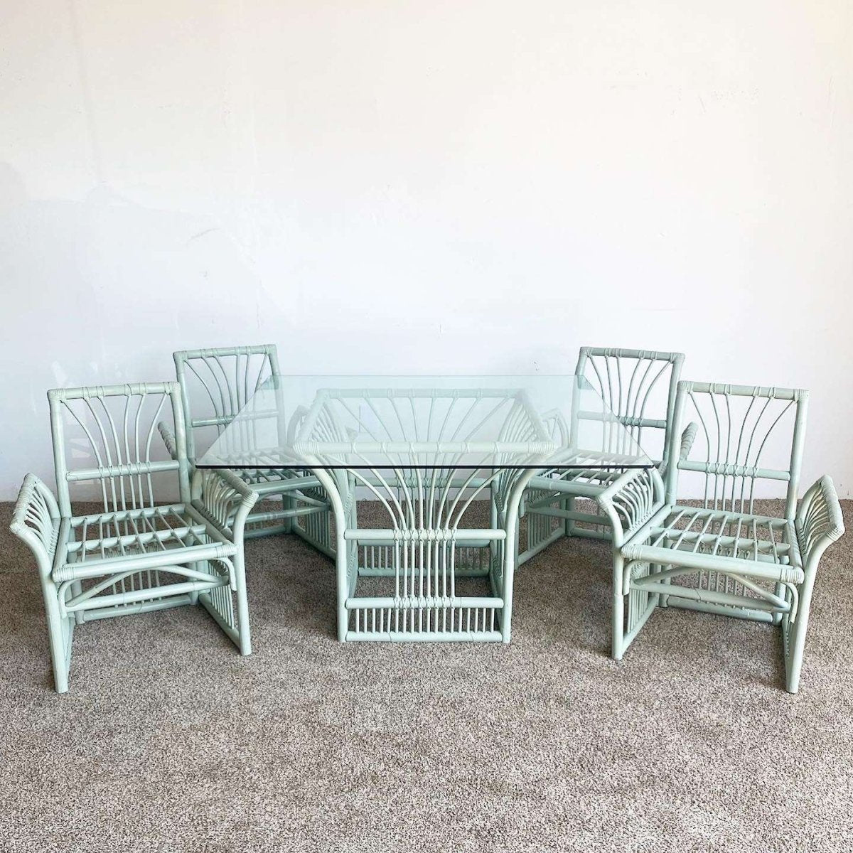 Boho Chic Mint Green Bamboo Rattan Dining Set - 5 Pieces - Dolphin & Flamingo