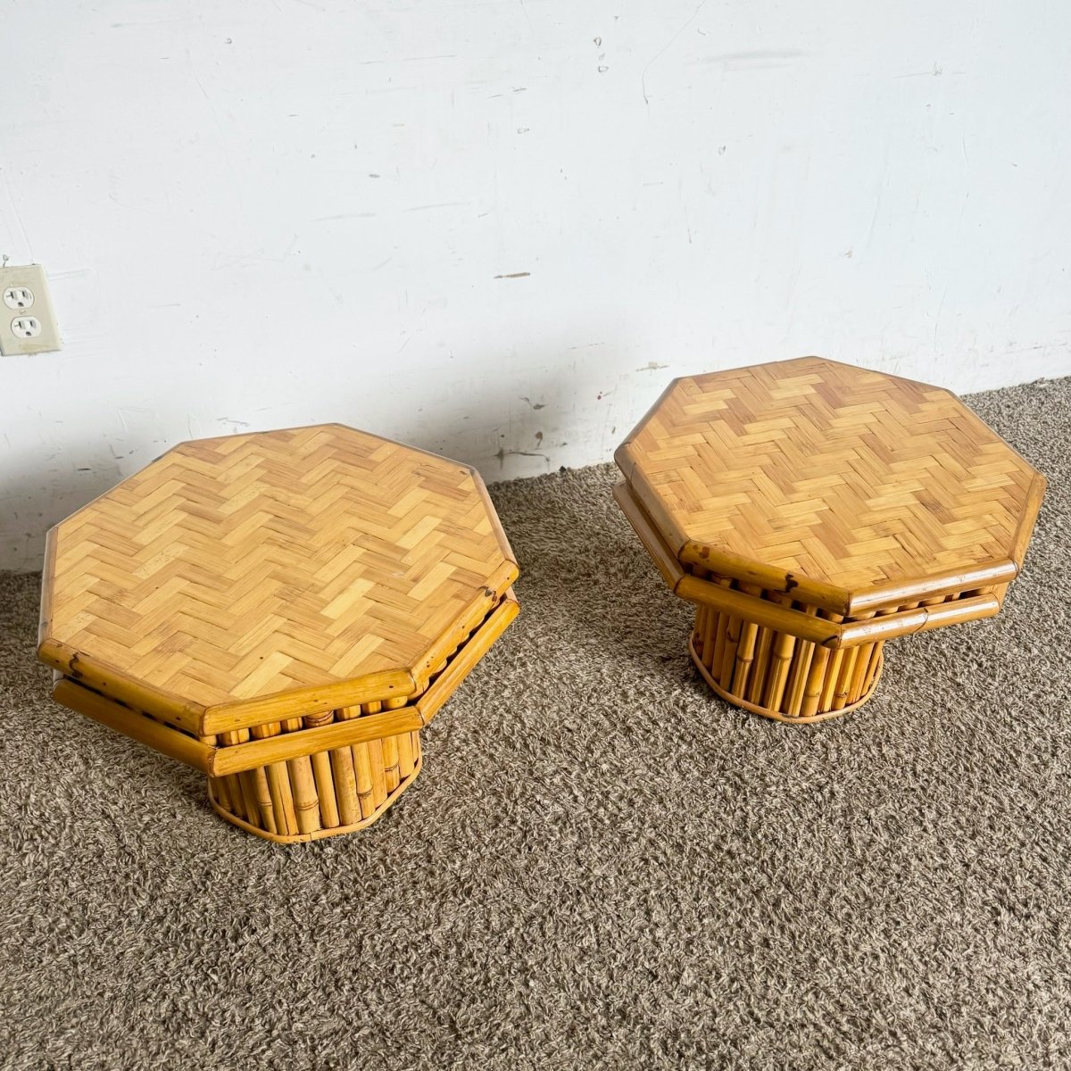Boho Chic Octagonal Split Bamboo Herringbone Top Side Table - a Pair - Dolphin & Flamingo